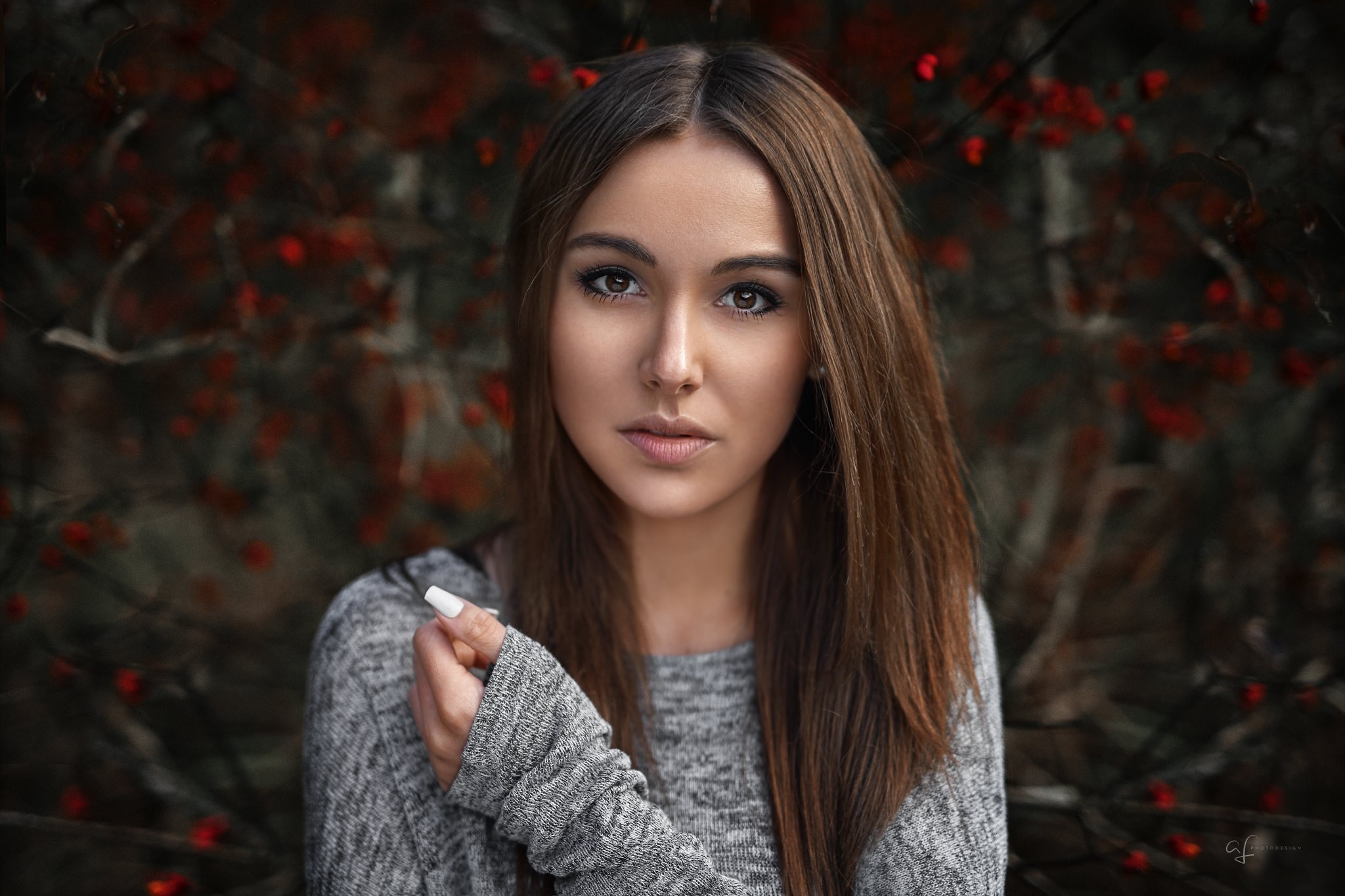 Women Face Portrait Depth Of Field Alex Fetter Sweater Brunette Brown Eyes Straight Hair Model Long  2048x1365