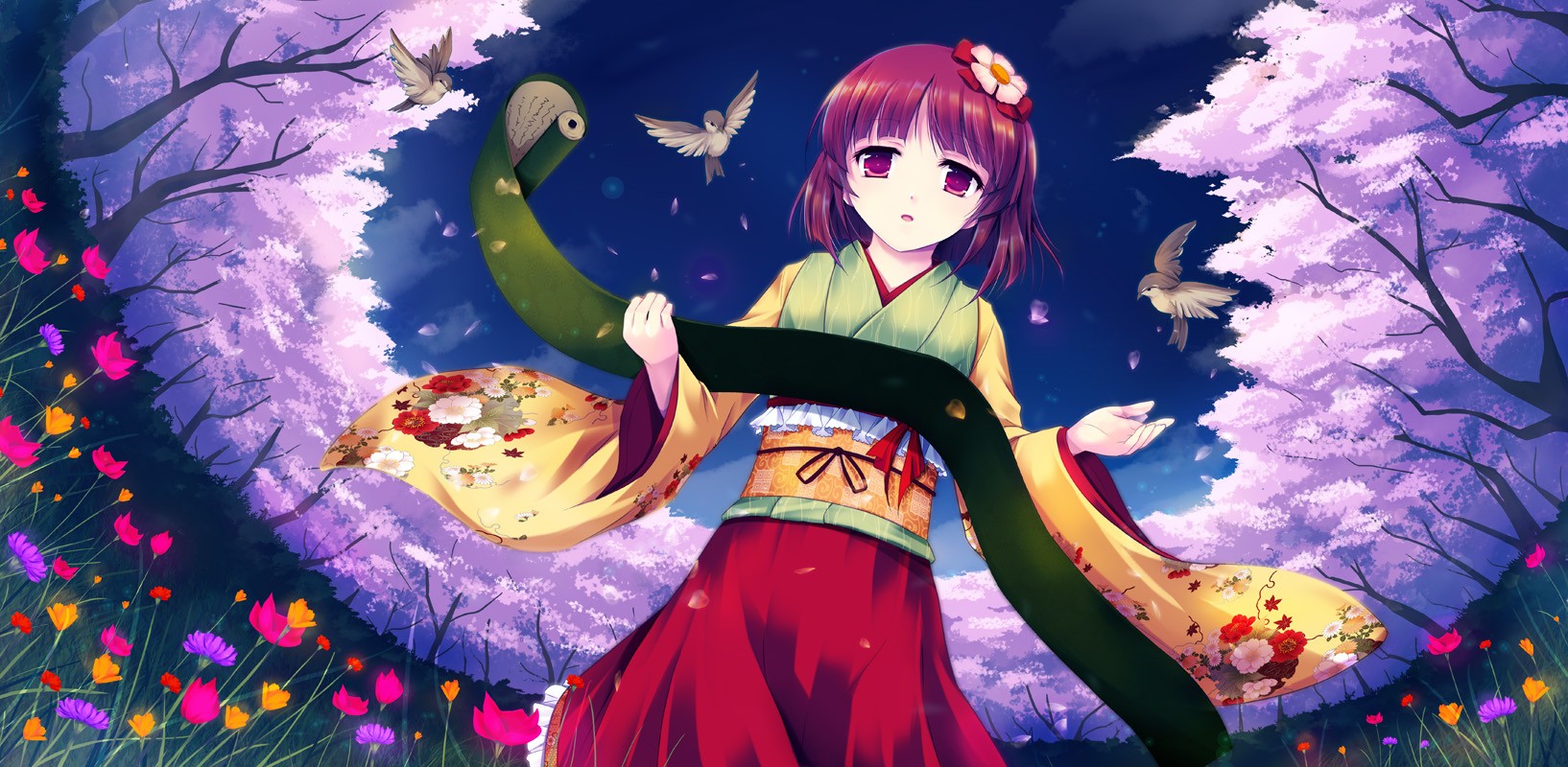 Touhou Kimono Hieda No Akyuu Anime Girls Flowers Birds Anime 1634x800