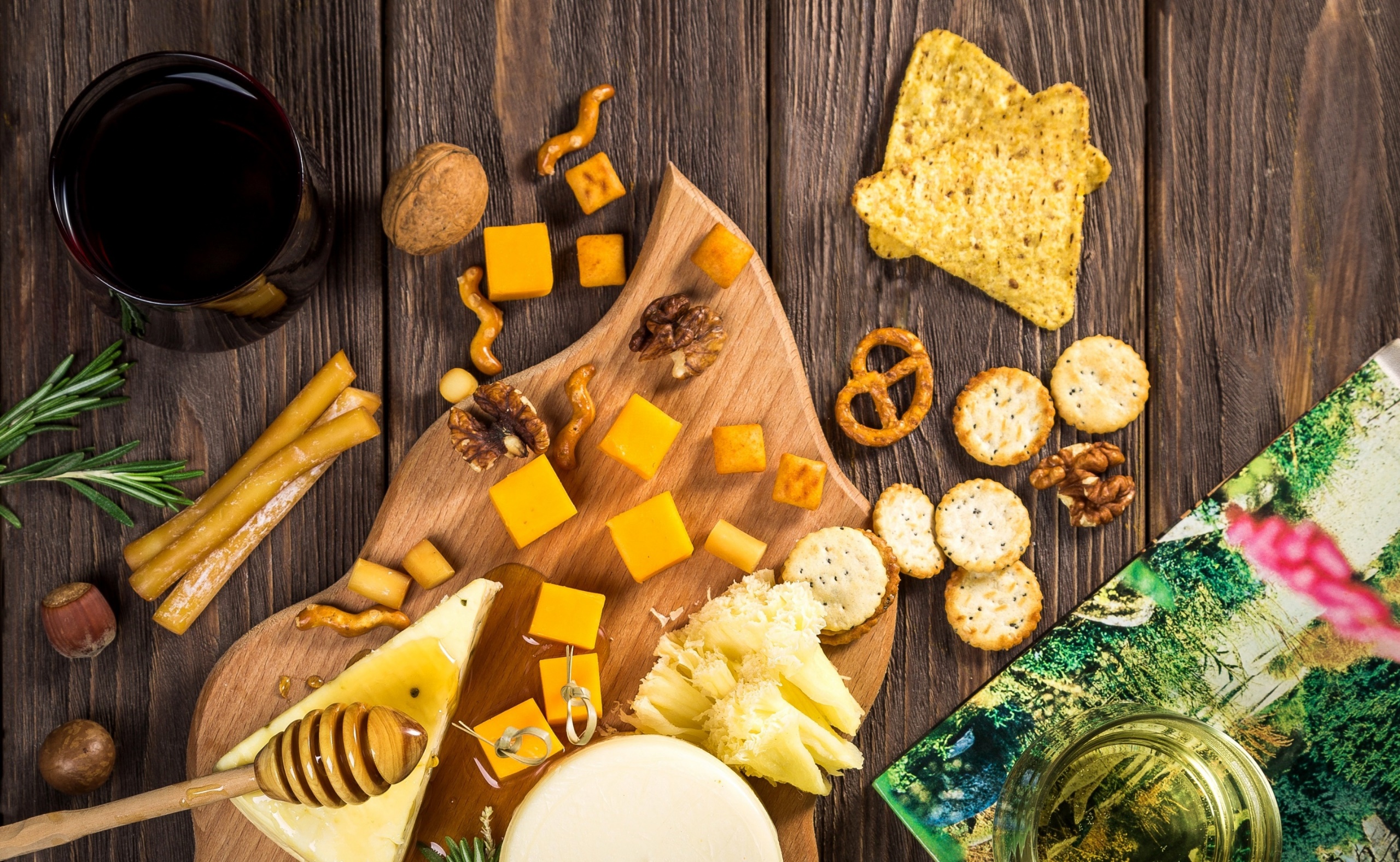 Still Life Food Honey Cheese Nuts Cutting Board Wooden Surface Rosemary Walnuts Chips 2560x1575