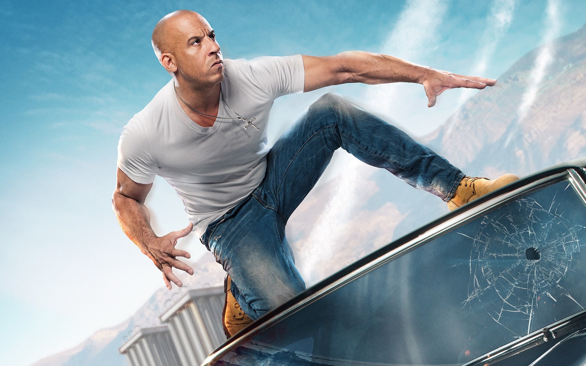 Men Actor Jeans Vin Diesel Fast And Furious T Shirt Bald Head Broken Glass Angry Cabrio Boots Movies 1920x1200