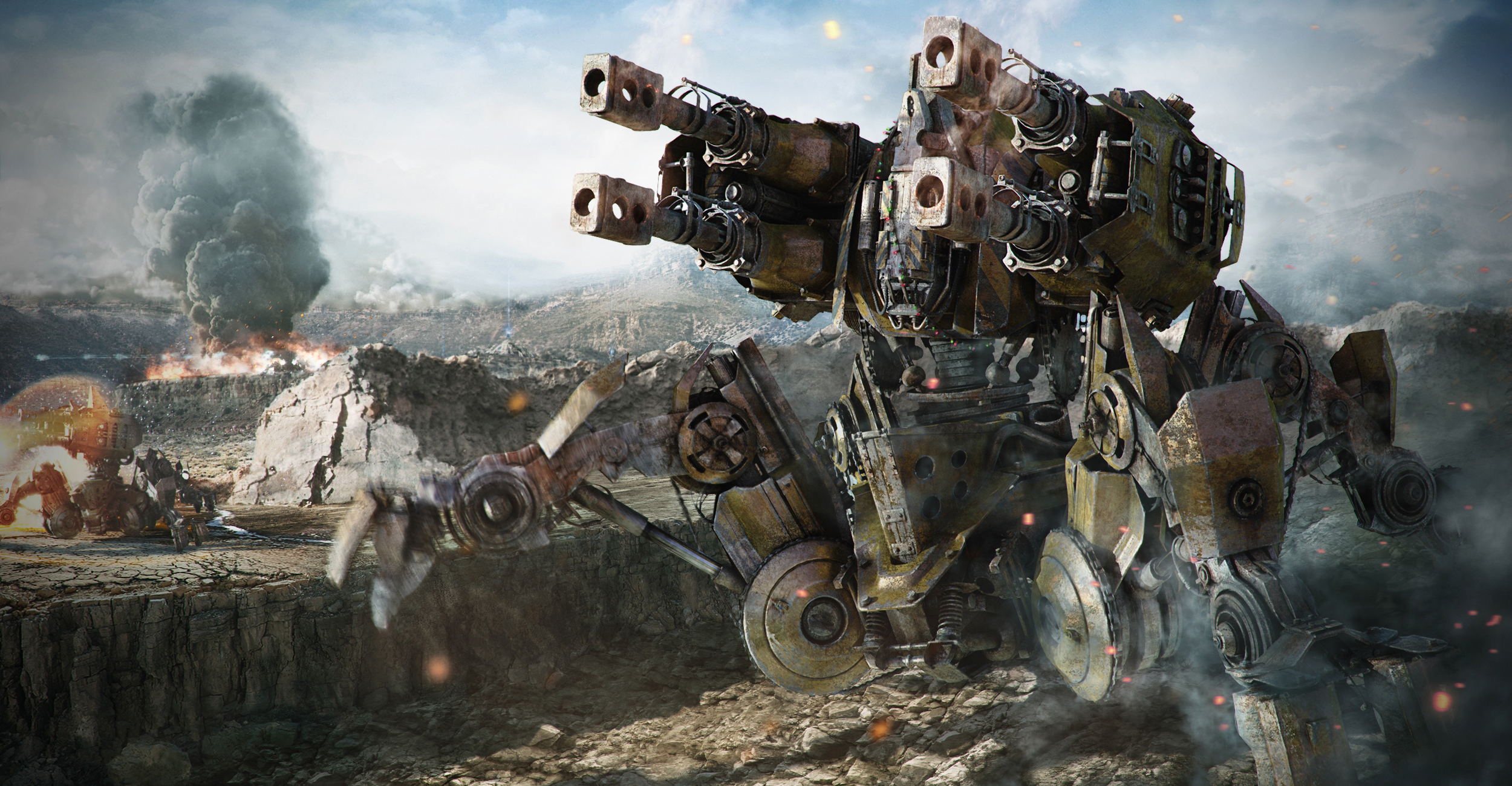 Vehicle Weapon StarCraft Protoss Immortal Cannons Fighting War Smoke Wasteland Science Fiction Chris 2500x1300
