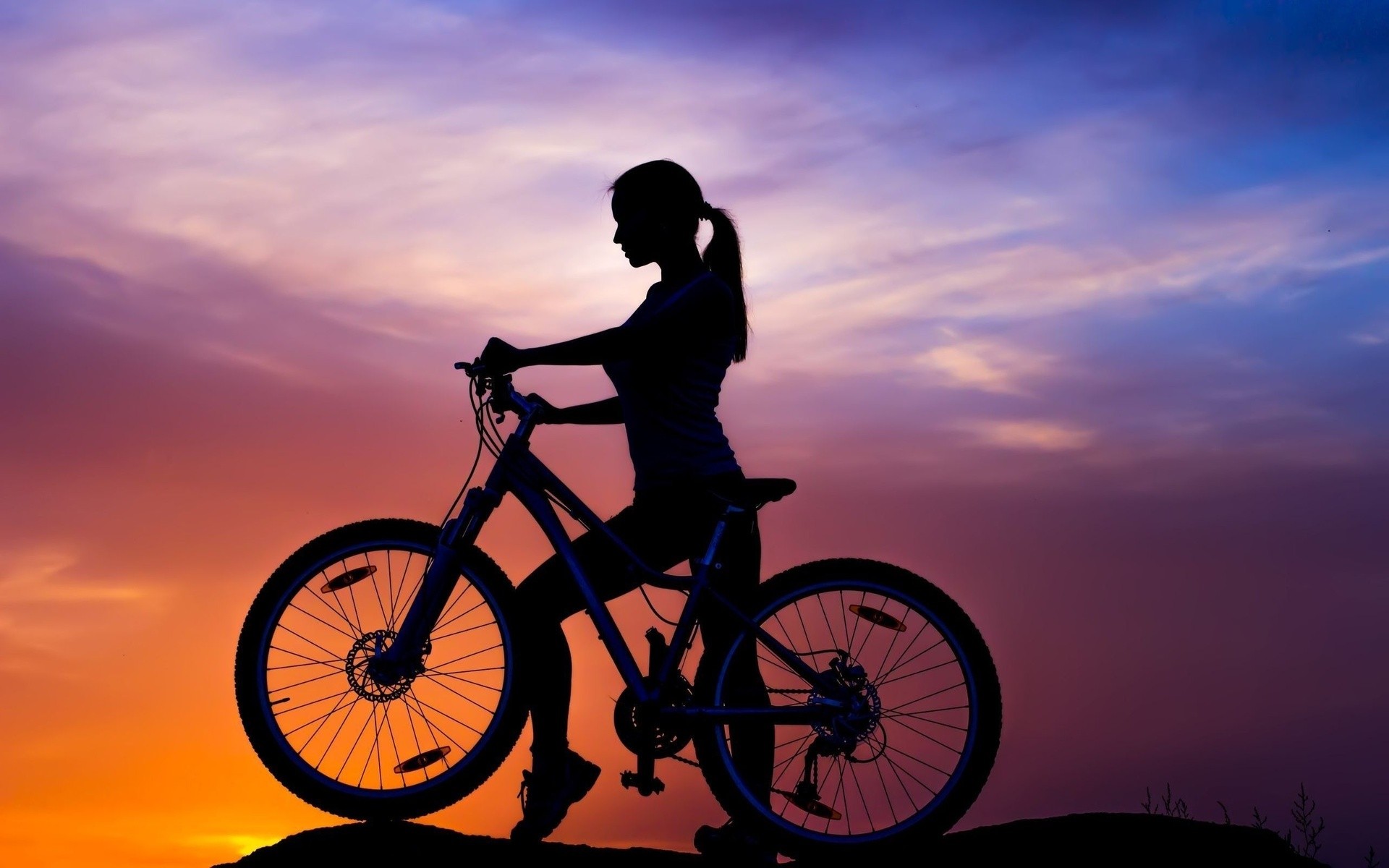 Women Model Brunette Long Hair Women Outdoors Nature Bicycle Sporty Clouds Hills Sunset Silhouette C 1920x1200