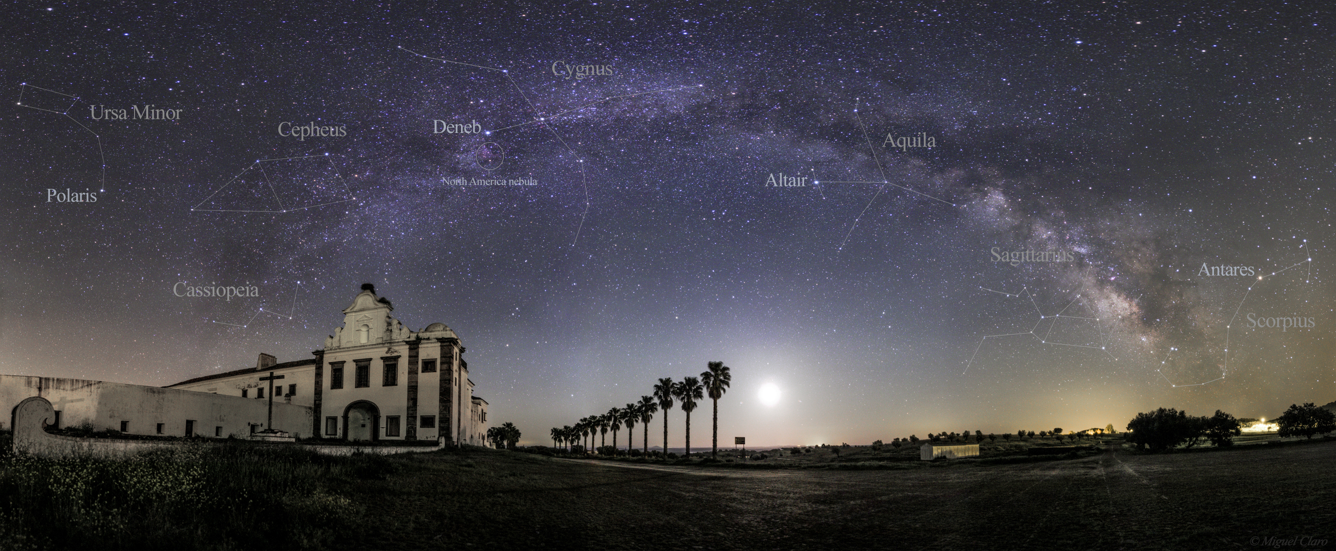 Nature Landscape Milky Way Night Stars Starry Night Panorama Palm Trees Portugal Cathedral Moon Moon 2750x1135