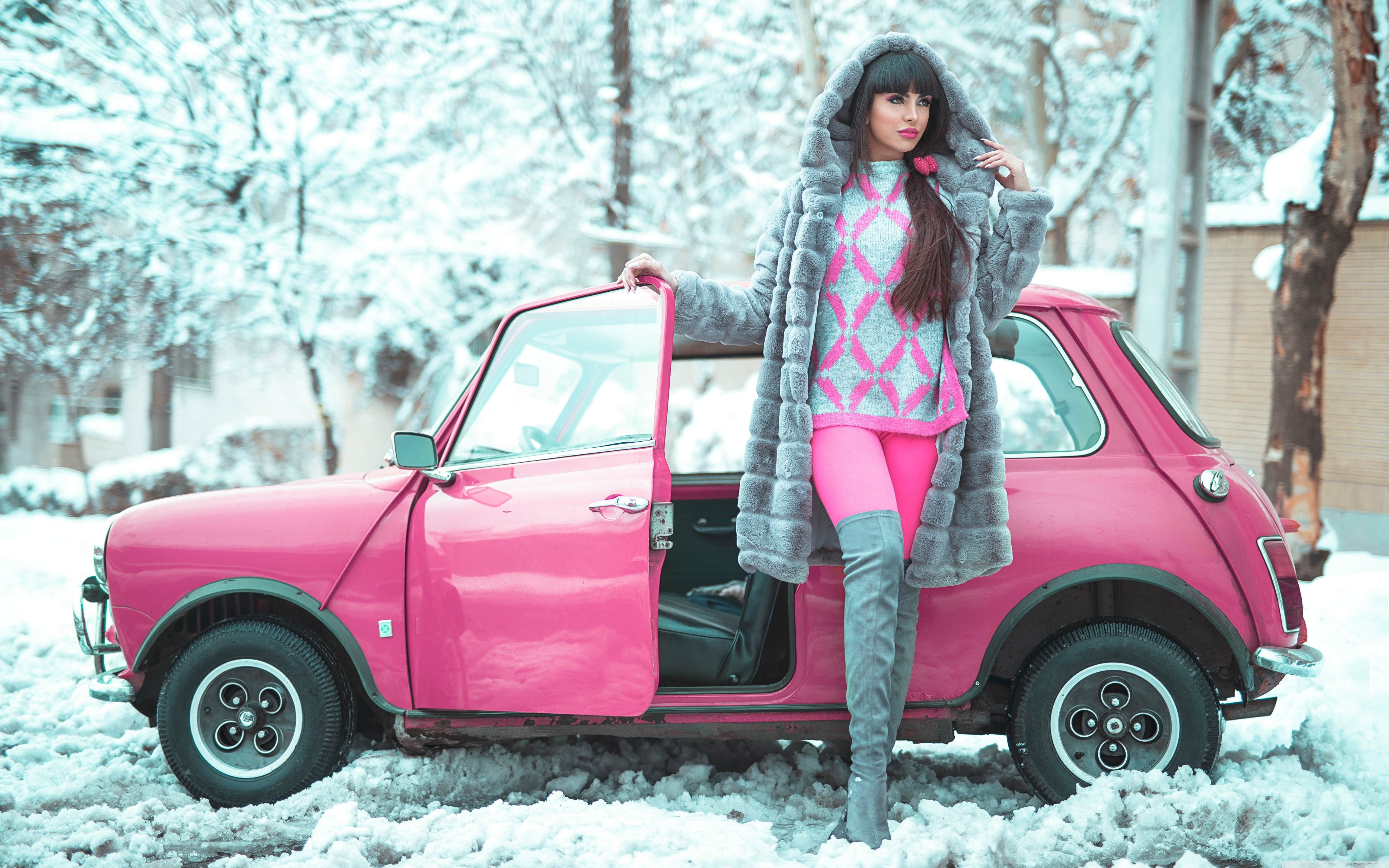 Mini Pink Knee High Boots Retro Car Winter Women Pink Cars 5120x3200