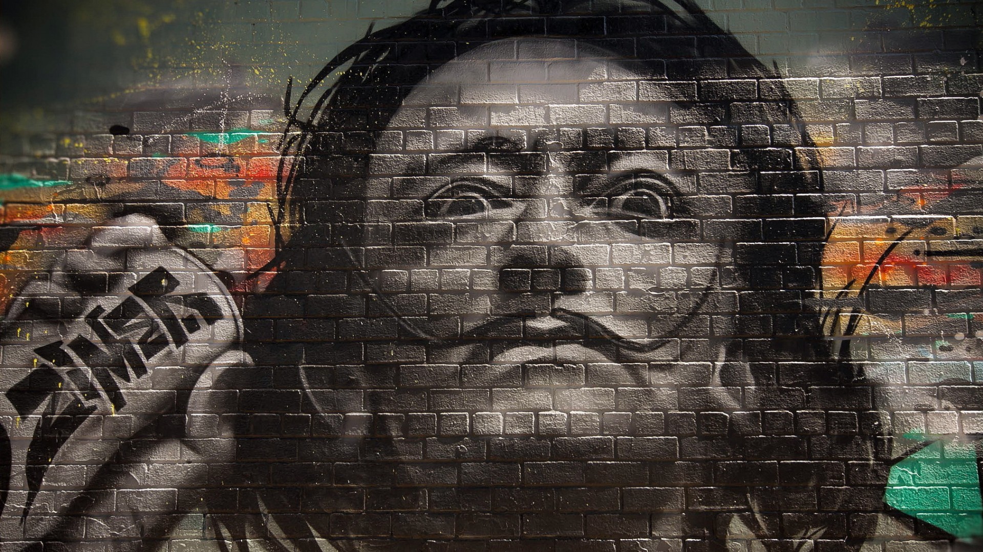 Graffiti Wall Bricks Men Salvador Dali Face Painters Portrait Moustache Selective Coloring Artwork 1920x1080
