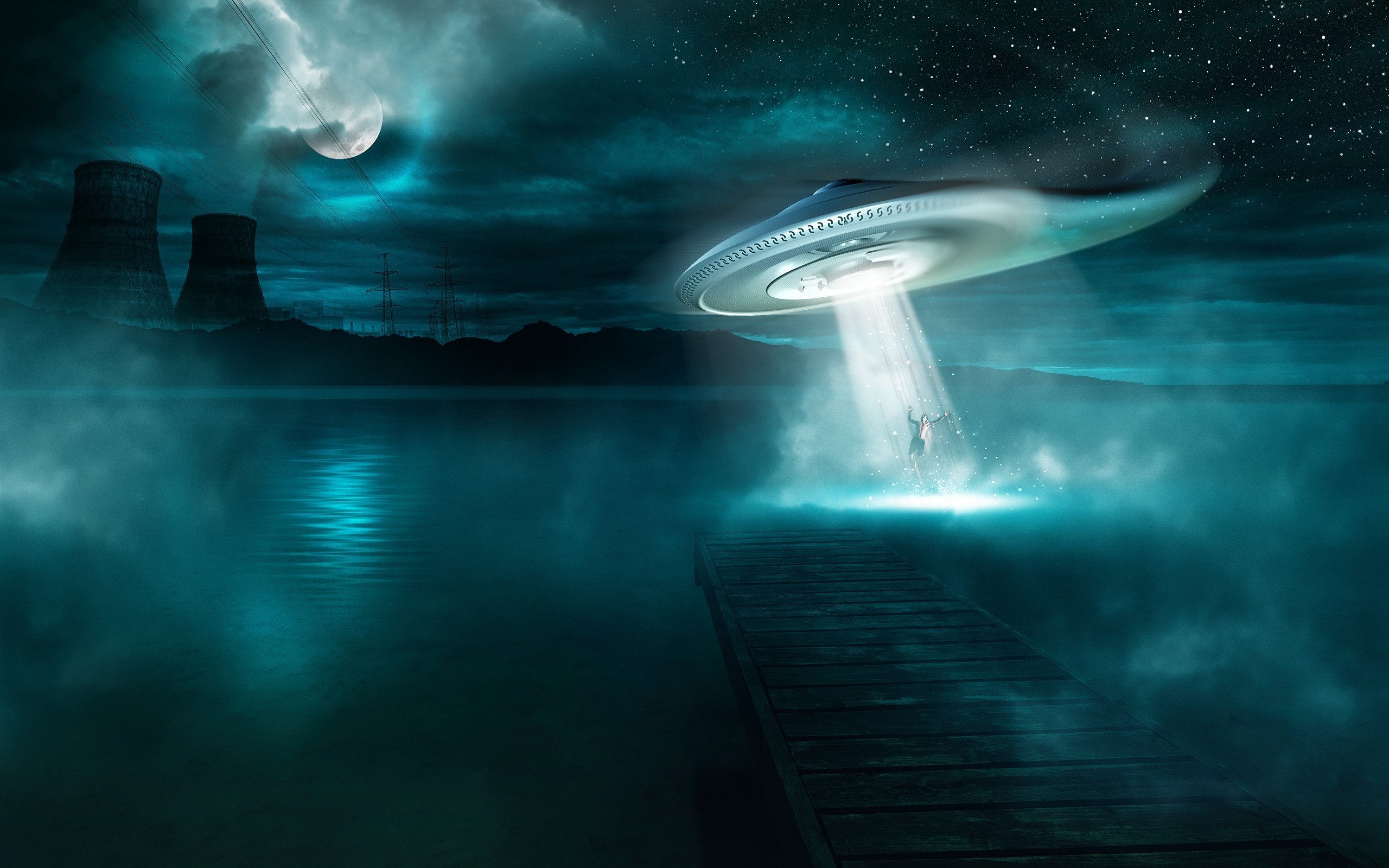 Moon Water Night Spaceship Aliens Nuclear Space Science Fiction Space Art Digital Art 2560x1600
