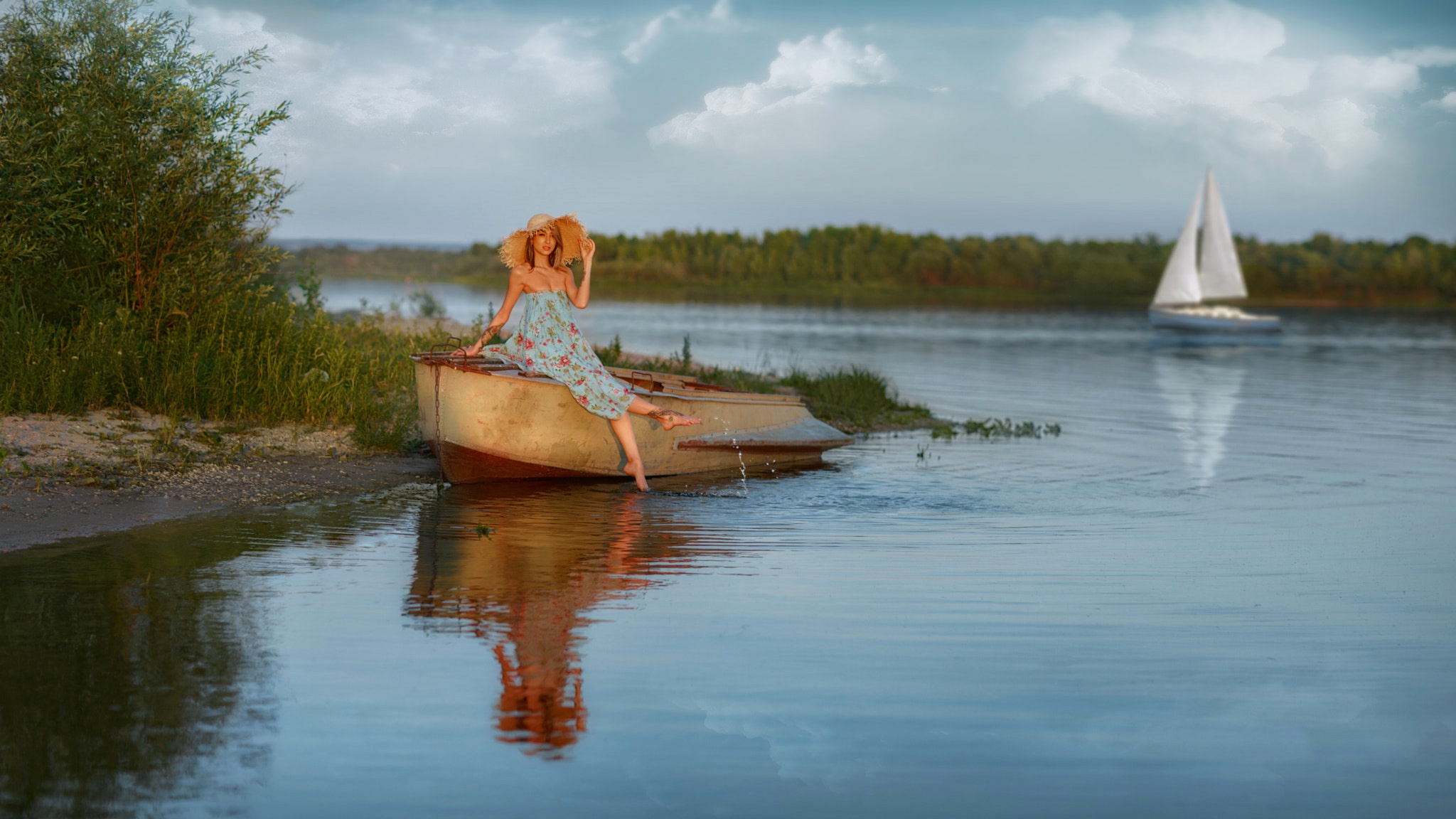 Nature Women Water Women Outdoors Andrey Metelkov Barefoot Hat Boat Vehicle Sailing Ship 2048x1152