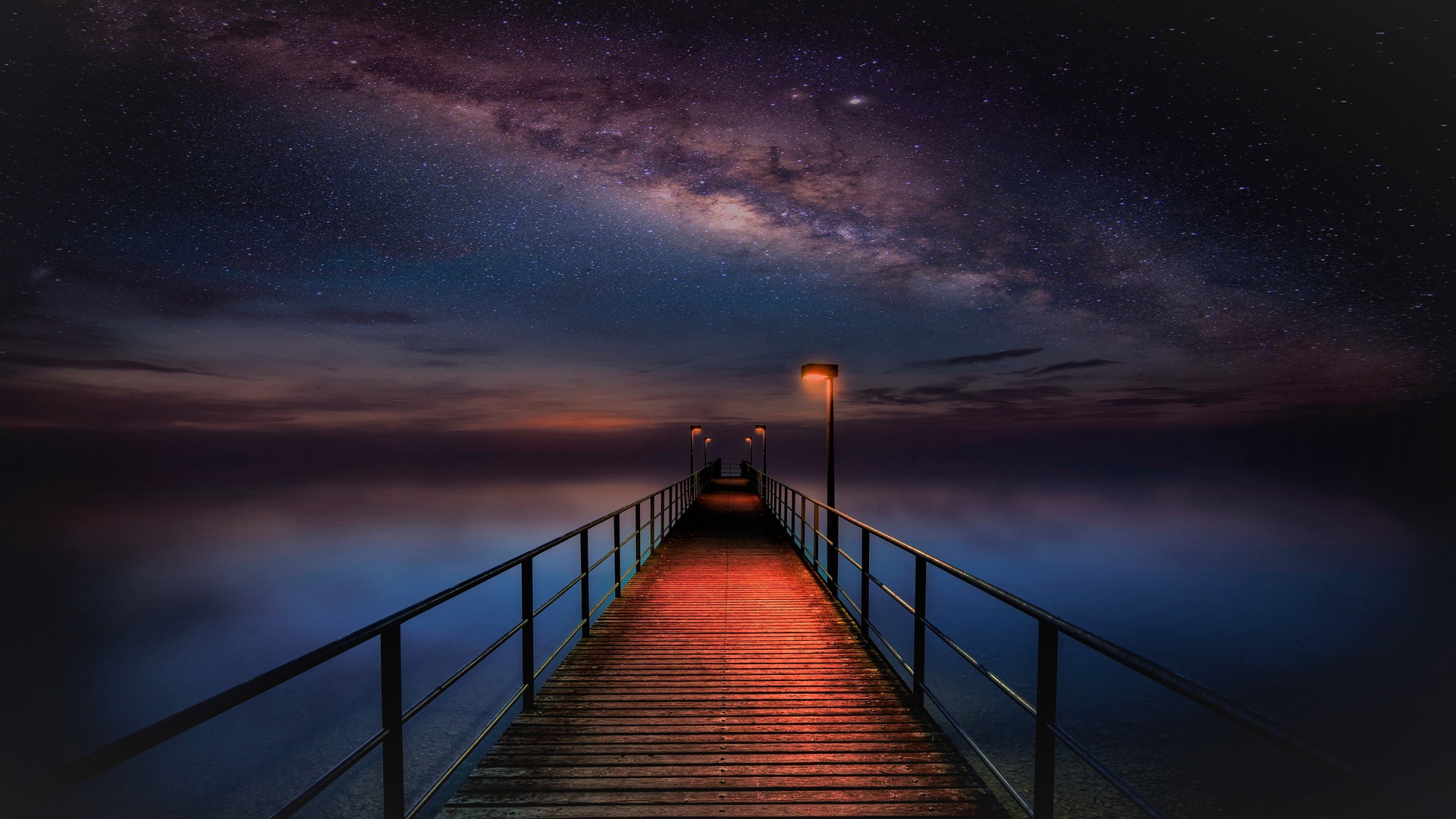 Nature Landscape Stars Night Galaxy Milky Way Wooden Walkway Lights Water Clouds Sky Clear Water Sea 1920x1080