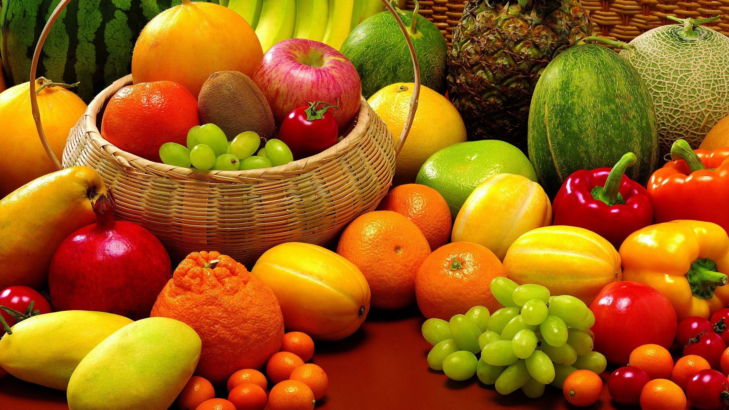 Fruit Grapes Orange Fruit Baskets Pineapples Peppers Tomatoes 2560x1440