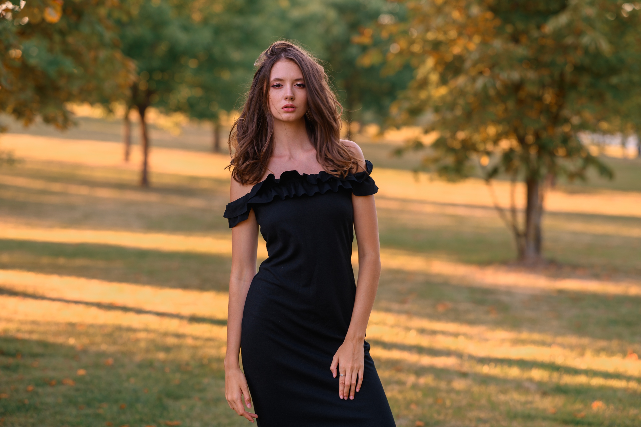 Black Clothing Black Dress Portrait Trees Bare Shoulders Women Sergei Vasiliev Brunette Women Outdoo 2560x1706