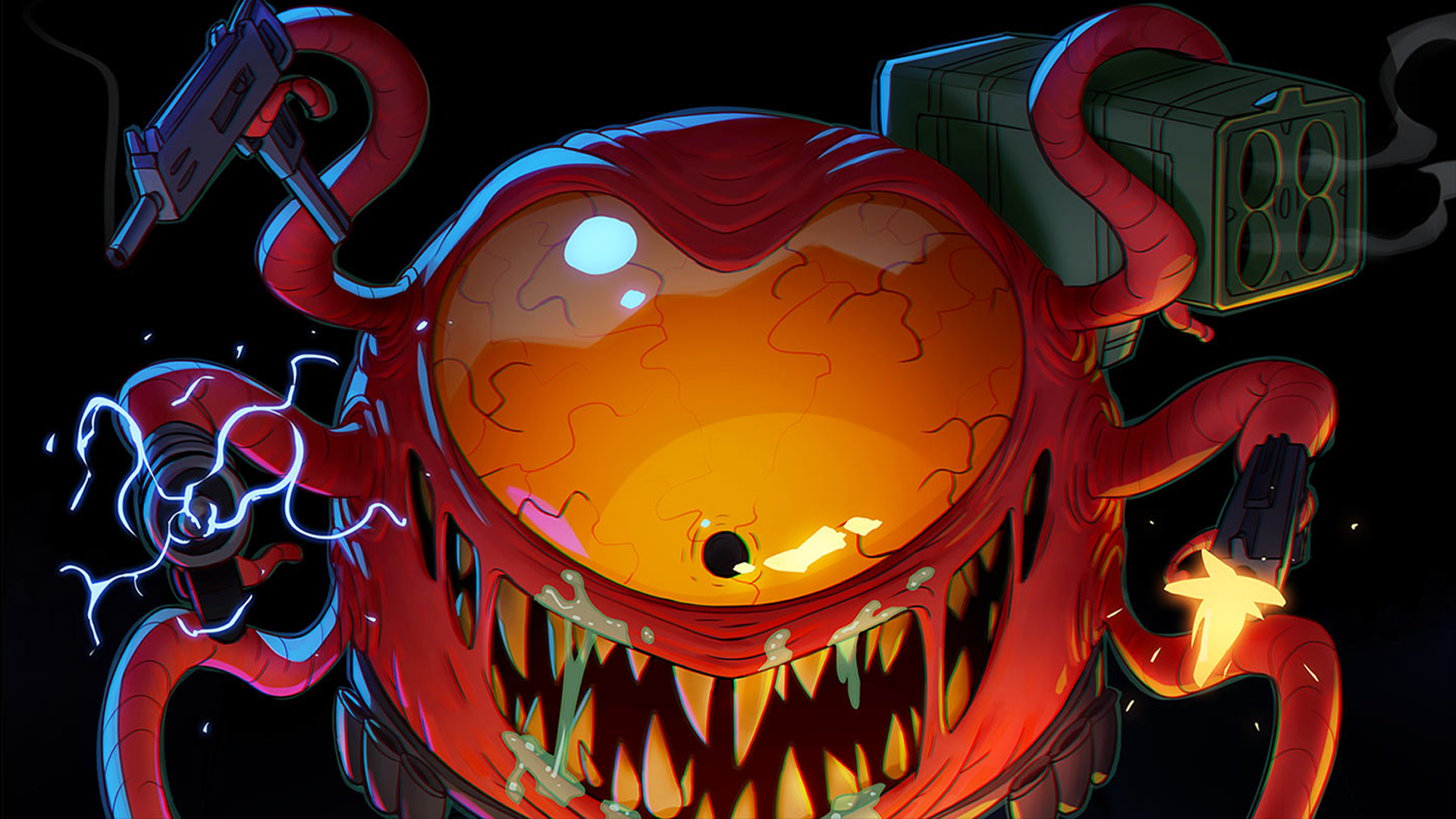 Enter The Gungeon Eyes Teeth Creature Weapon Artwork Uzi Rocket Launchers Red Tentacles Humor 1920x1080