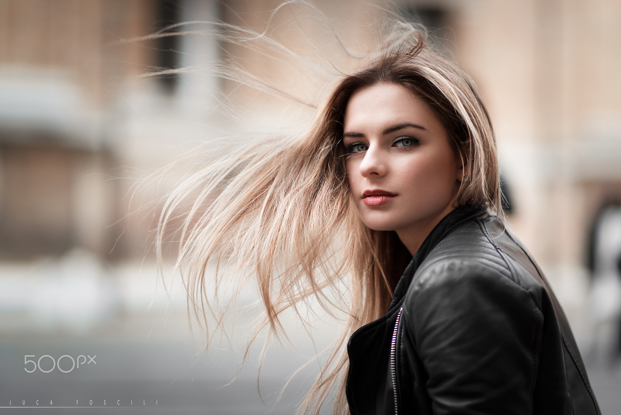 Women Model 500px Windy Leather Jackets Luca Foscili Jacket Face Portrait Blonde Depth Of Field Boke 2048x1367