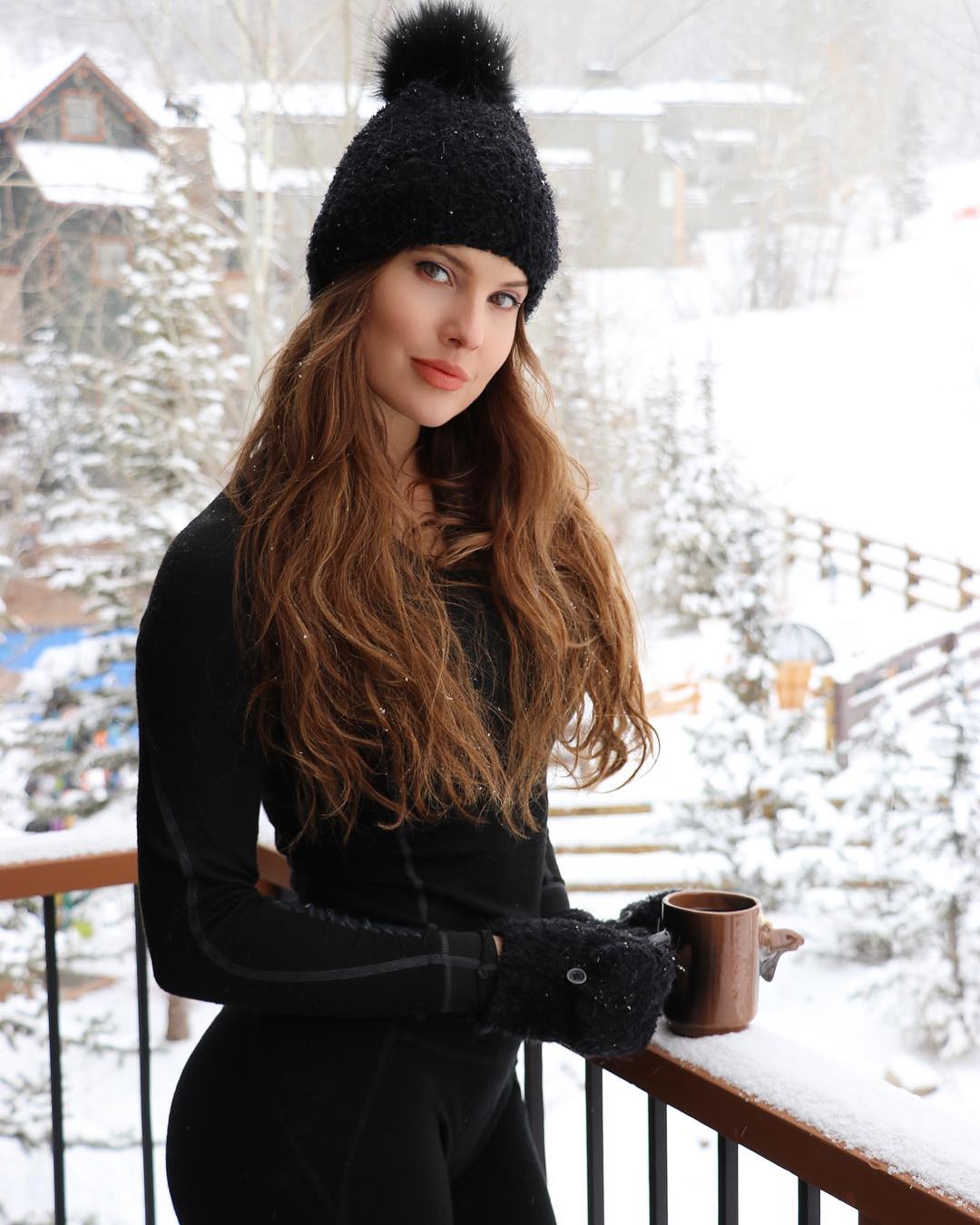 Amanda Cerny Turkey Portrait Women Brunette Balcony Cup Long Hair Gloves Hat Black Gloves Winter Mug 1080x1350