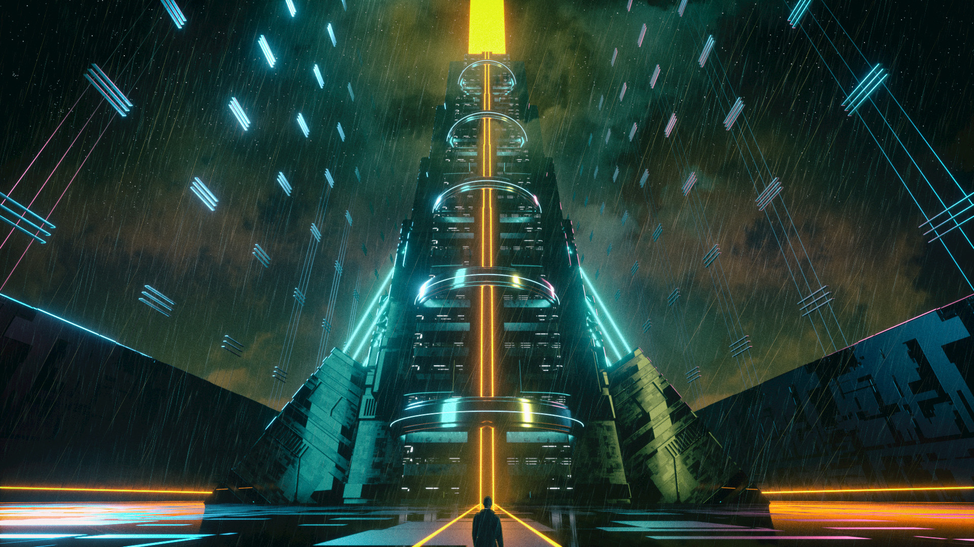 David Legnon Cyberpunk Elevator Neon Glow Orange Glowing Rain Night Low Angle Frontal View 1920x1080