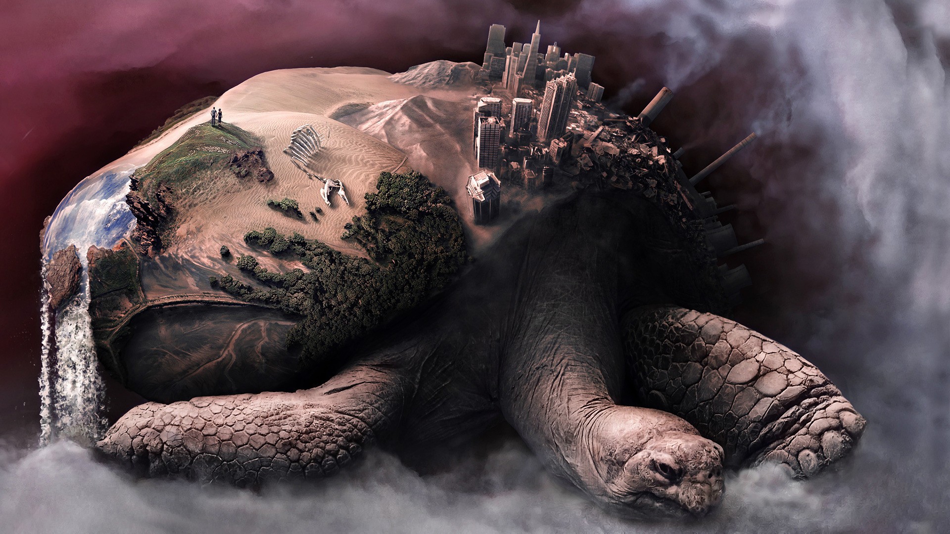 Digital Art Fantasy Art Tortoises Animals Turtle Giant Nature Waterfall Desert Sand Couple Rock Moun 1920x1080