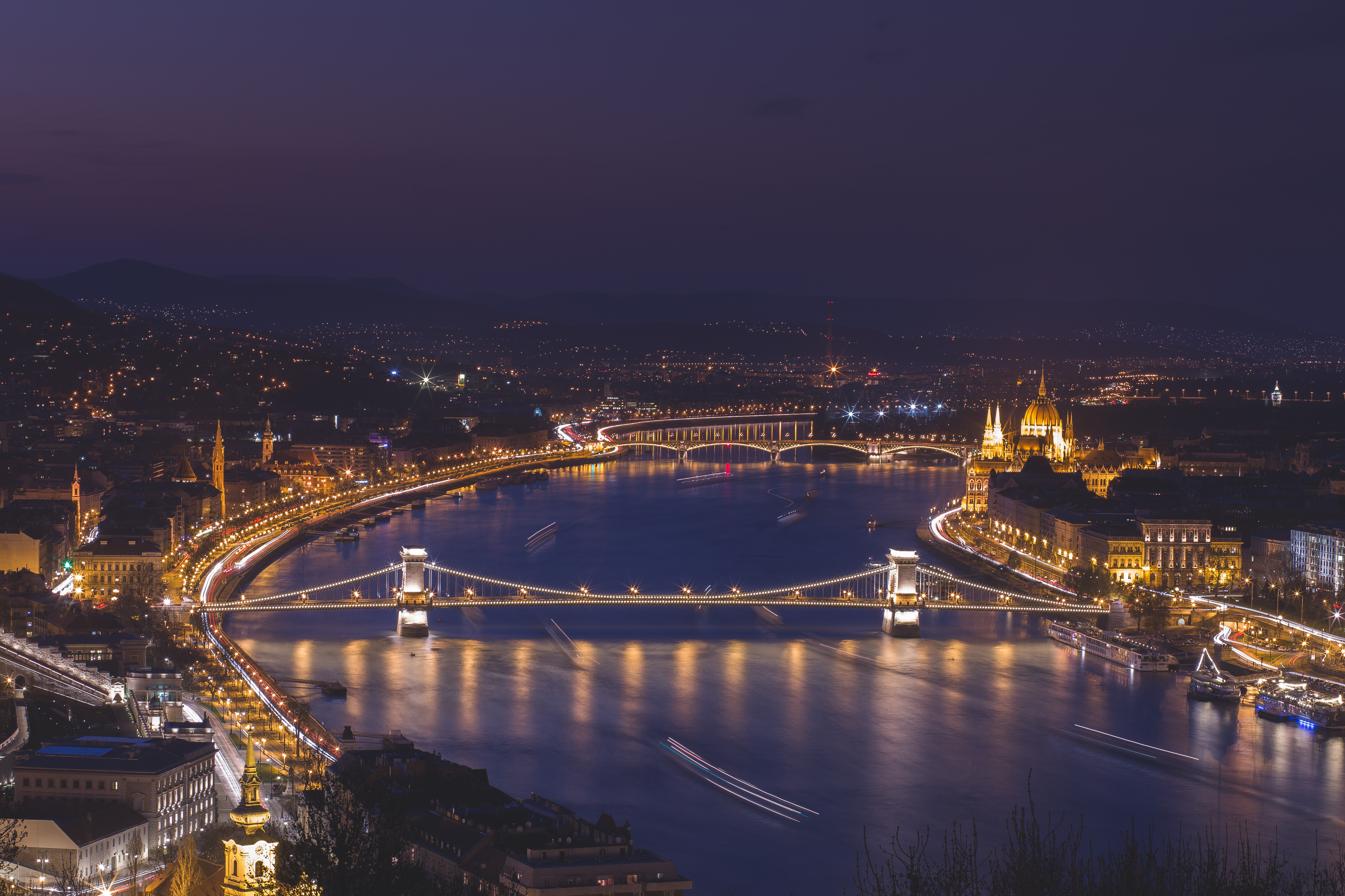Budapest Hungary Night River City Bridge Building Cityscape 5472x3648