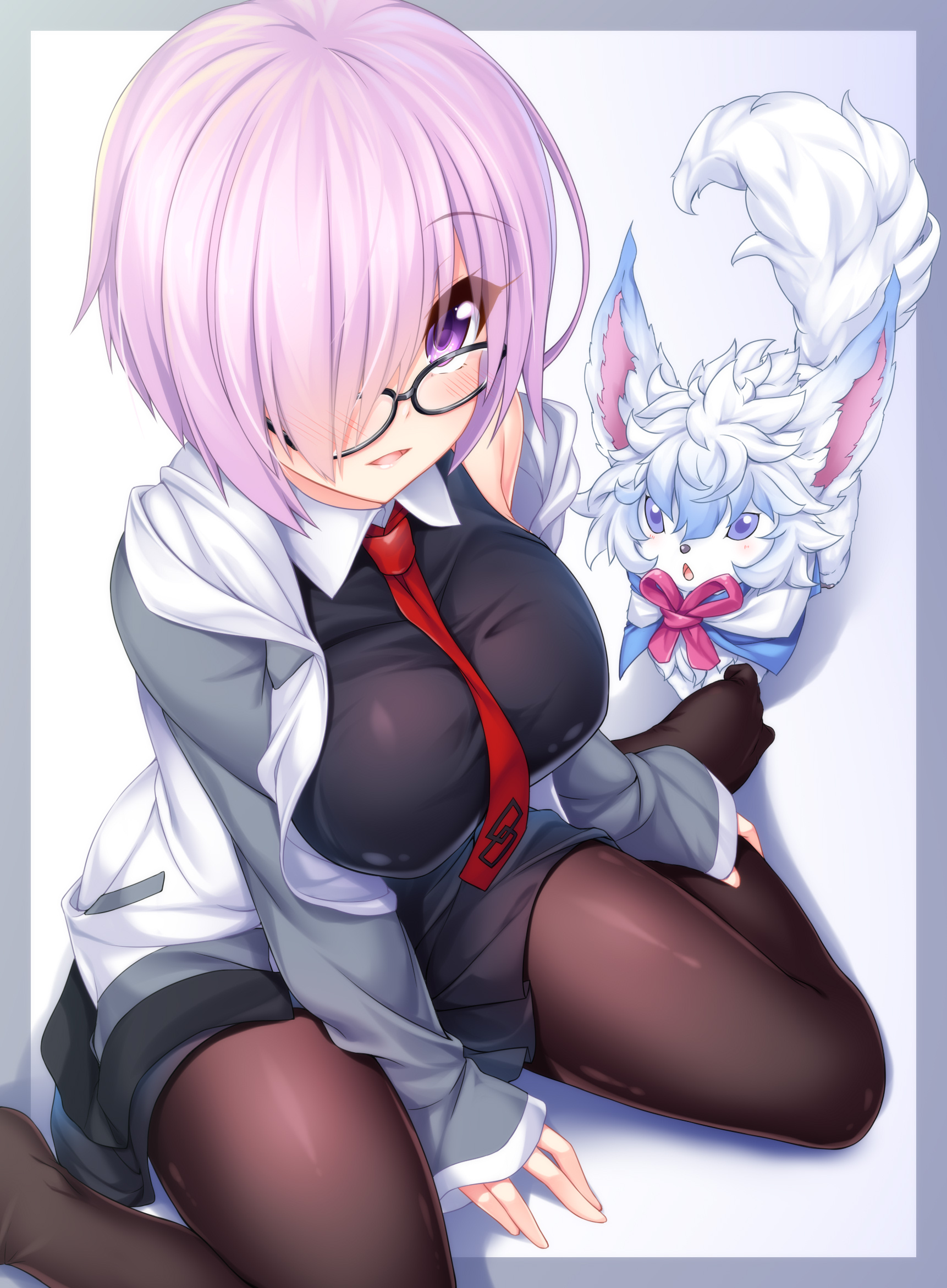 Fate Grand Order Fou Fate Grand Order Mashu Kyrielight Glasses Blushing Thigh Highs Simple Backgroun 1722x2343
