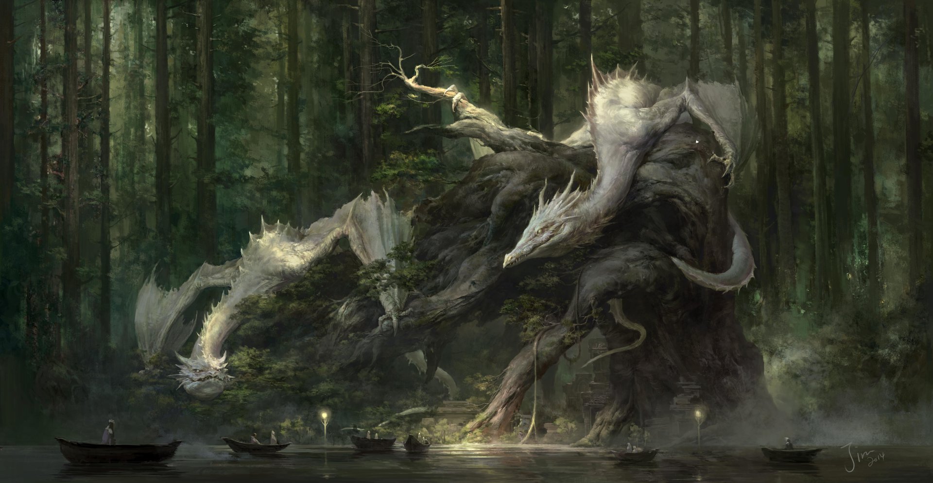Fantasy Art Nature Dragon Boat Forest Trees Digital Art Xiaodi Jin 1920x995