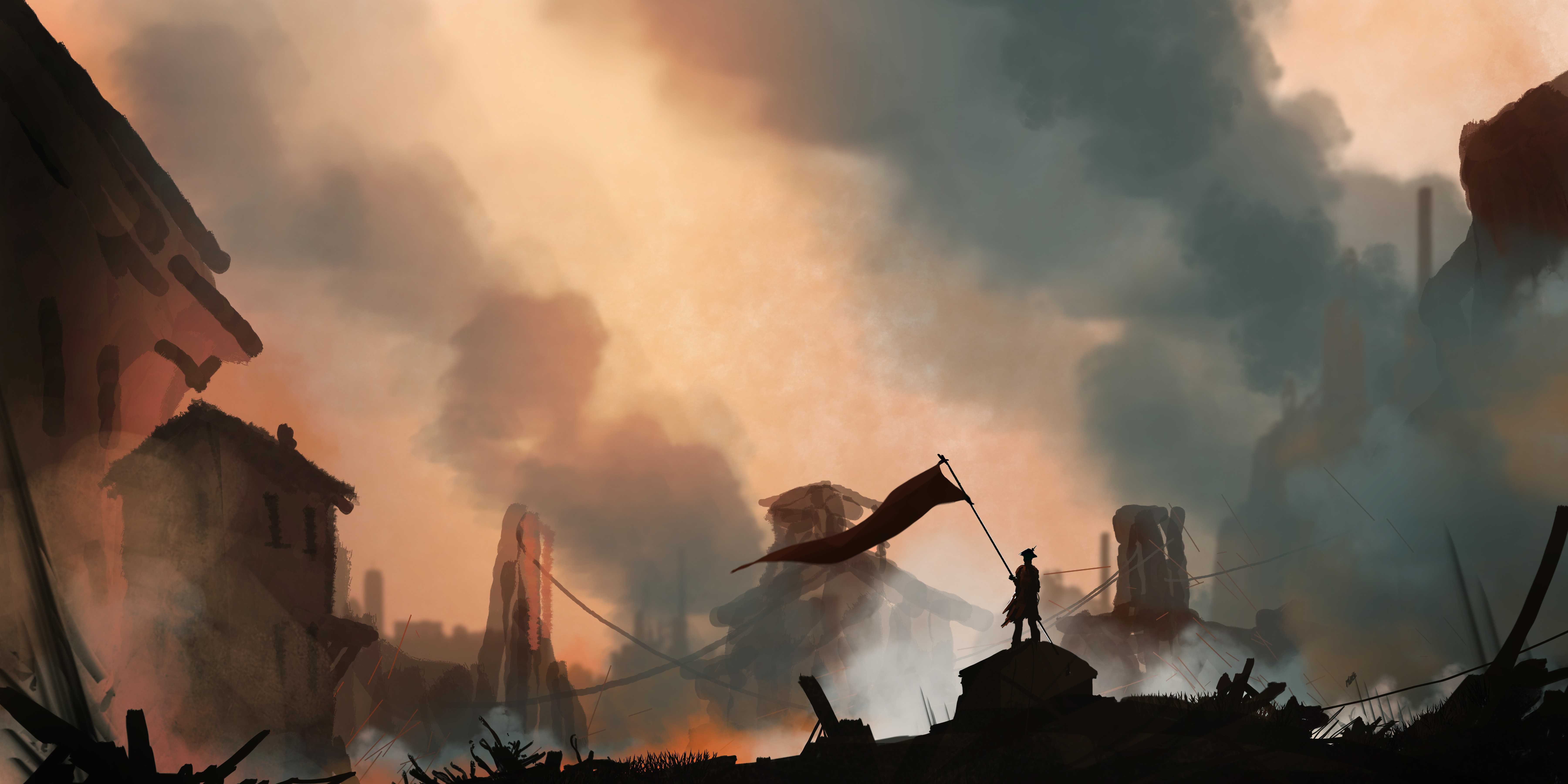 Fantasy Art Mist Warrior Flag Smoke Fire Battlefields Loneliness Hero DeviantArt Digital Art Artwork 7200x3600