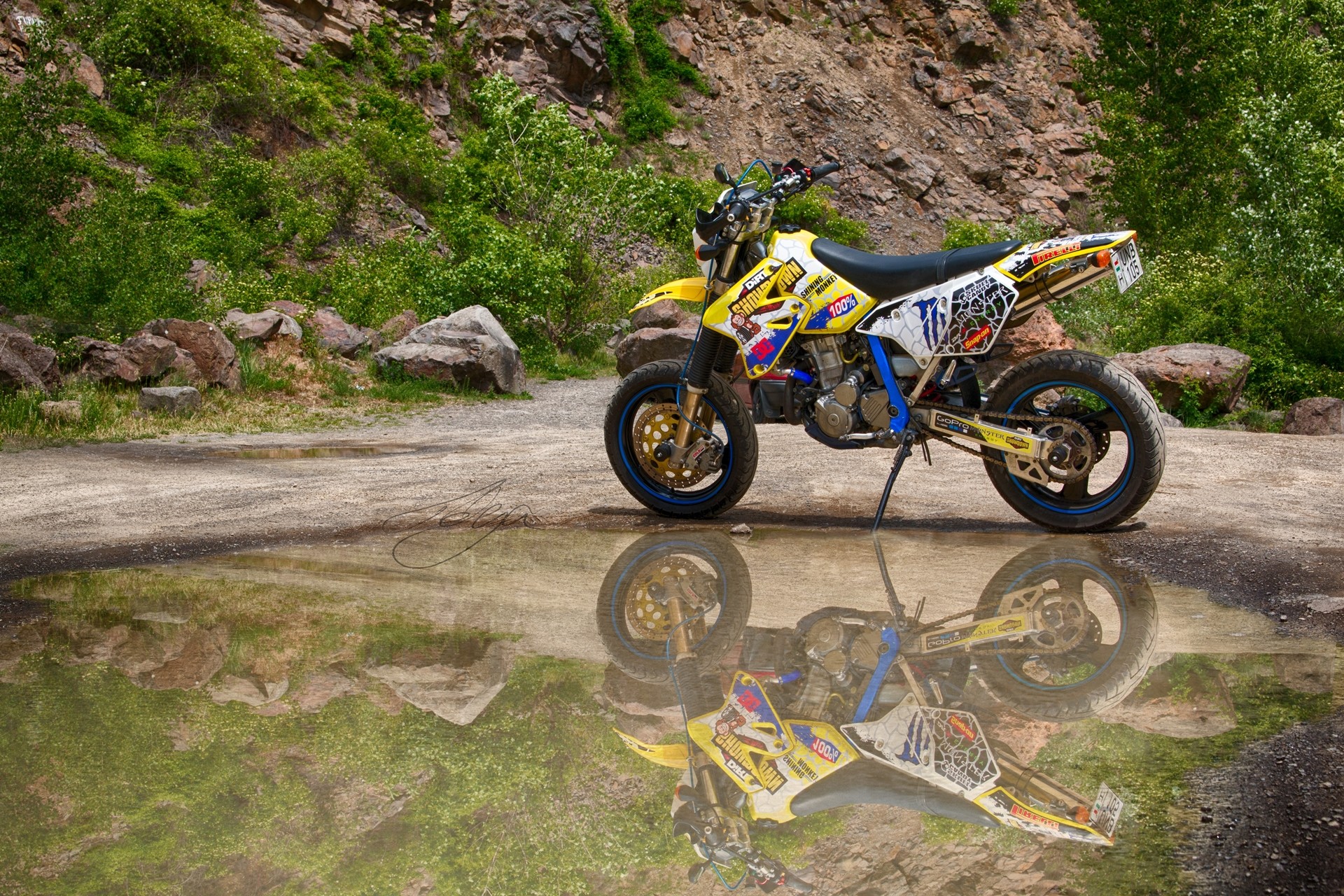 Monster Energy Supermoto Motorcycle Water Reflection Vehicle 1920x1280