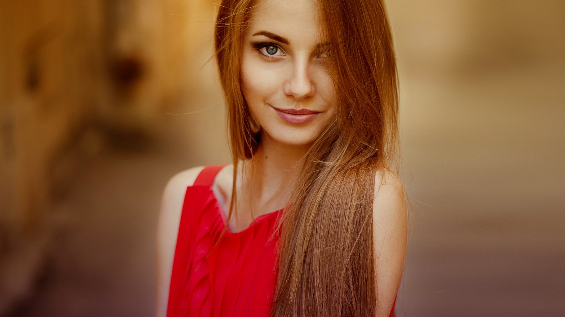 Women Model Long Hair Smiling Brunette Red Dress Women Outdoors Blue Eyes Filter Airbrushed Ann Nevr 1920x1080
