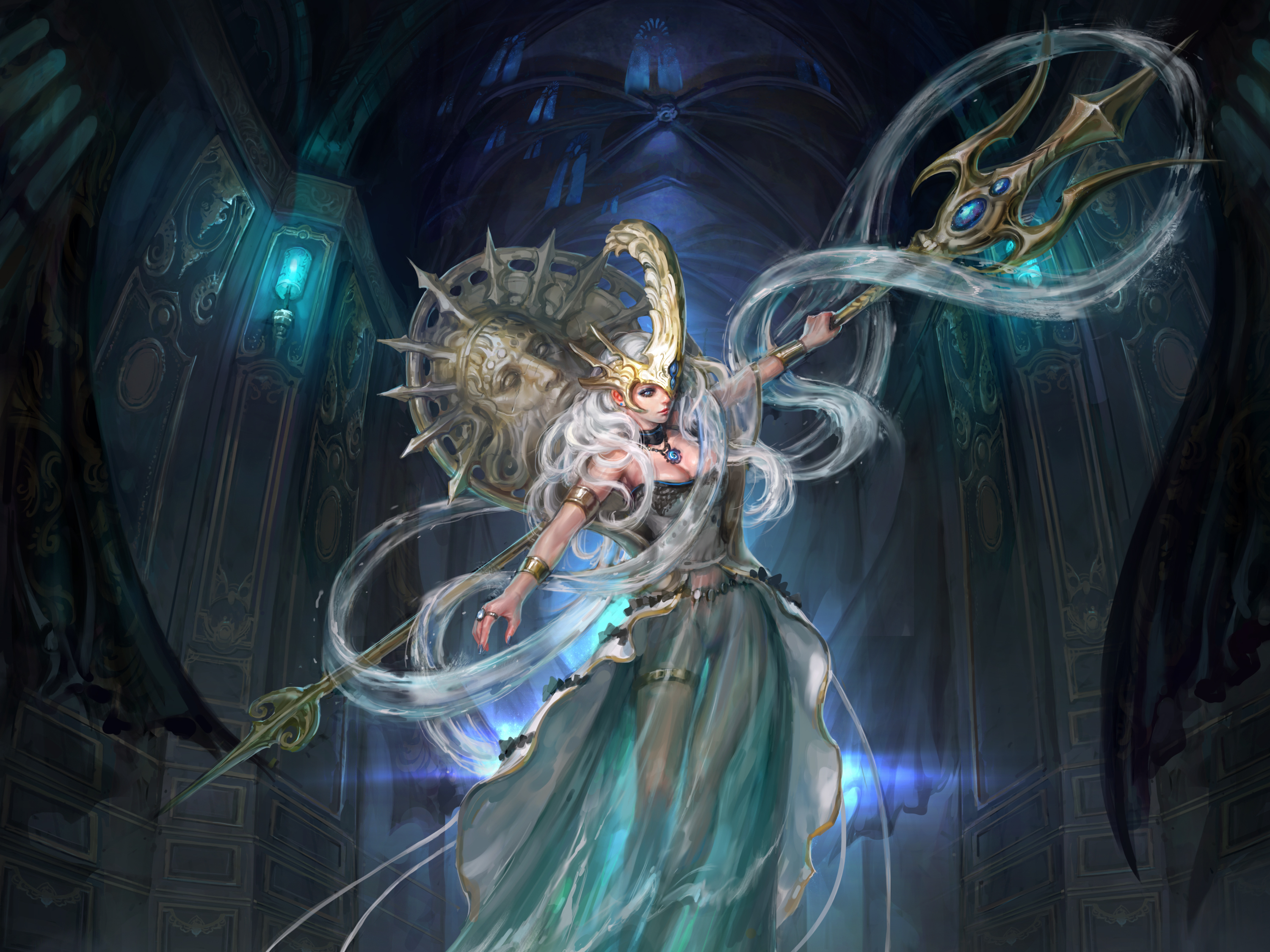 Poseidon Trident Woman Goddess White Hair Girl Blue Eyes 3000x2250