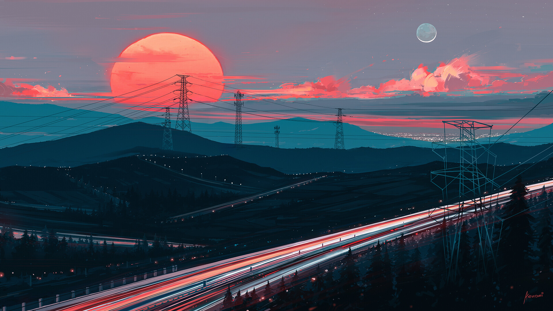 Aenami Trees Forest Hills Sunset Road Power Lines Clouds Moon 1920x1080