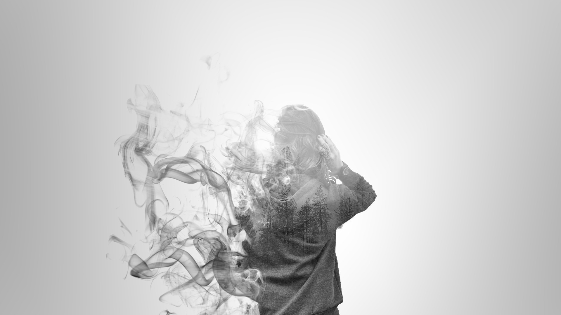 Women Double Exposure Monochrome Smoke Trees Back Rear View 1920x1080