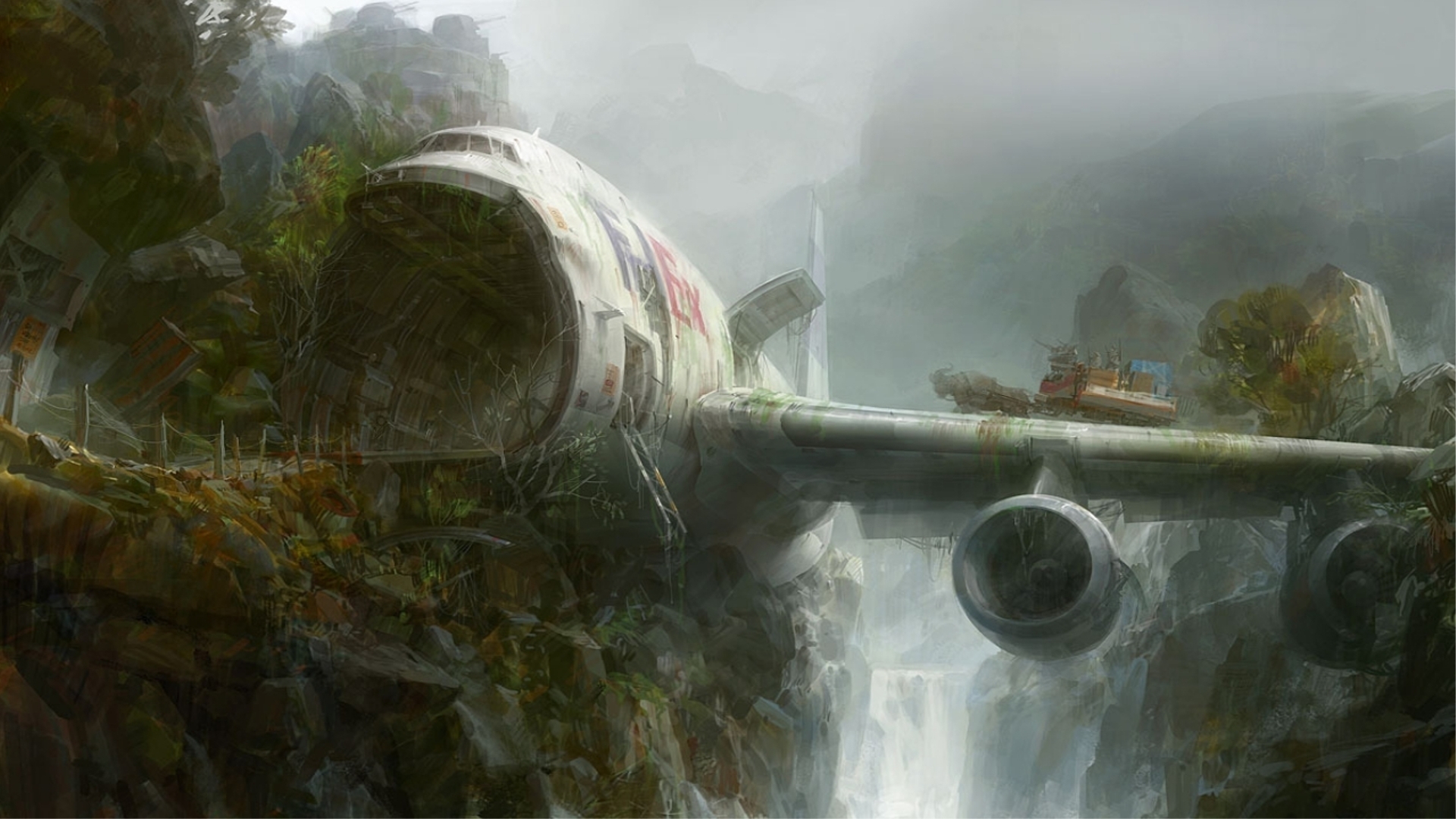 Painting Artistic Fed Ex Airplane Forest Waterfall Aircraft 1920x1080