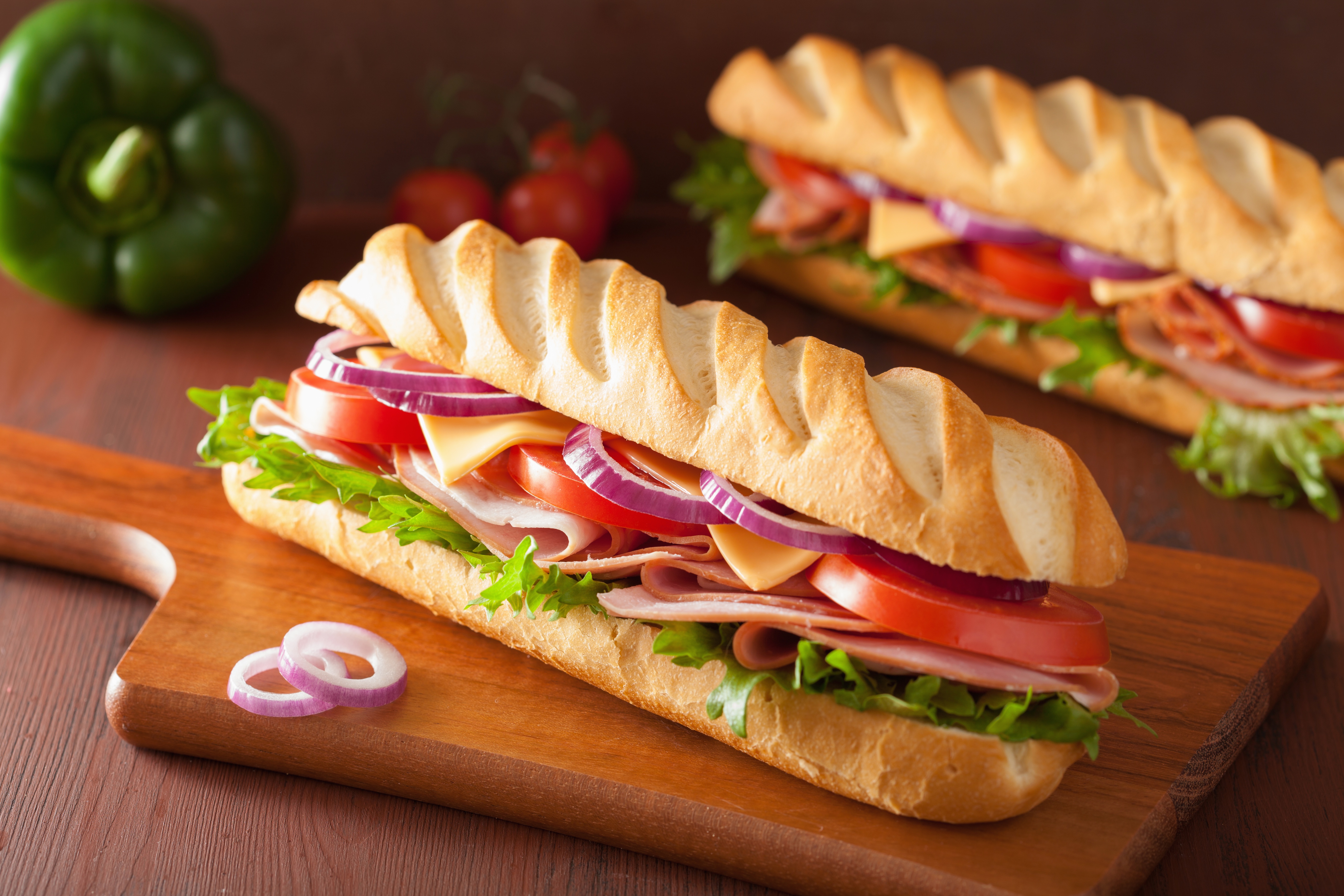 Food Baguette Ham Tomatoes Salad Cheese Bell Peppers Onion Rings Lettuce 5616x3744