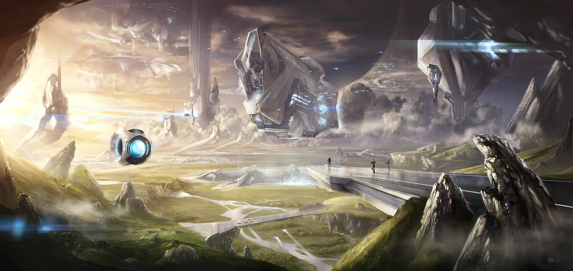 Video Game Halo Landscape Spaceship People 2277x1080