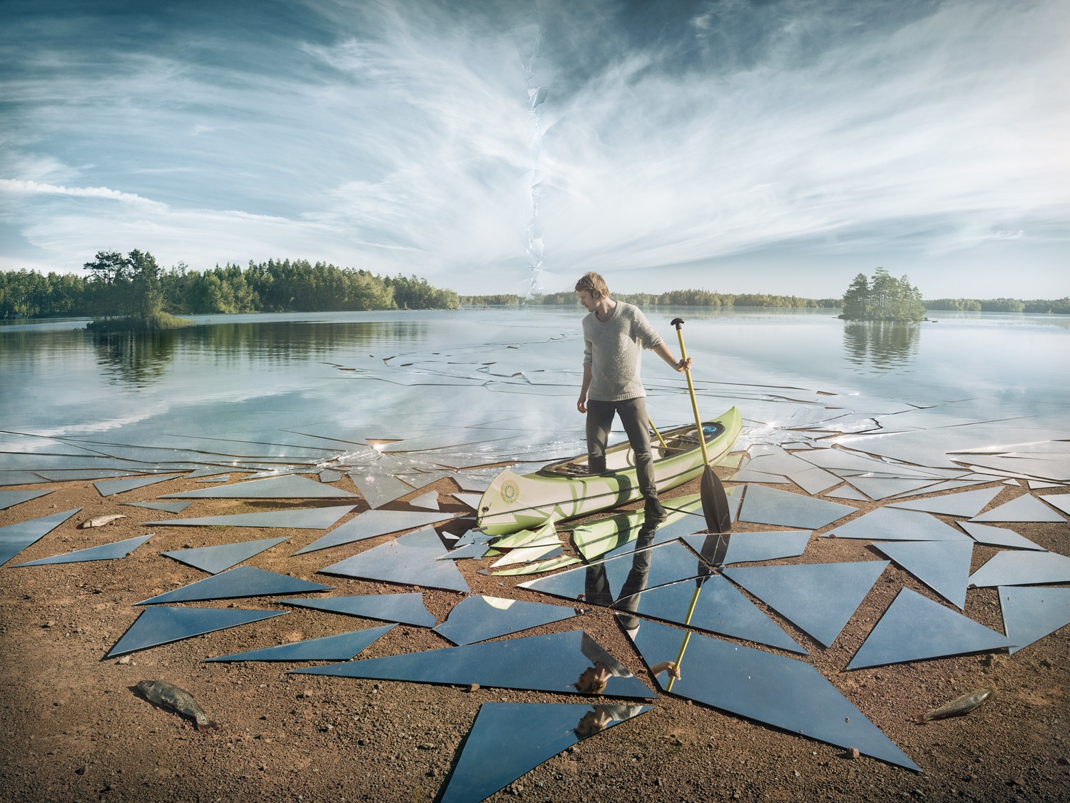 Men Optical Illusion Water Canoes Glass Lake Landscape Nature Trees Forest Clouds Reflection Erik Jo 1500x1125