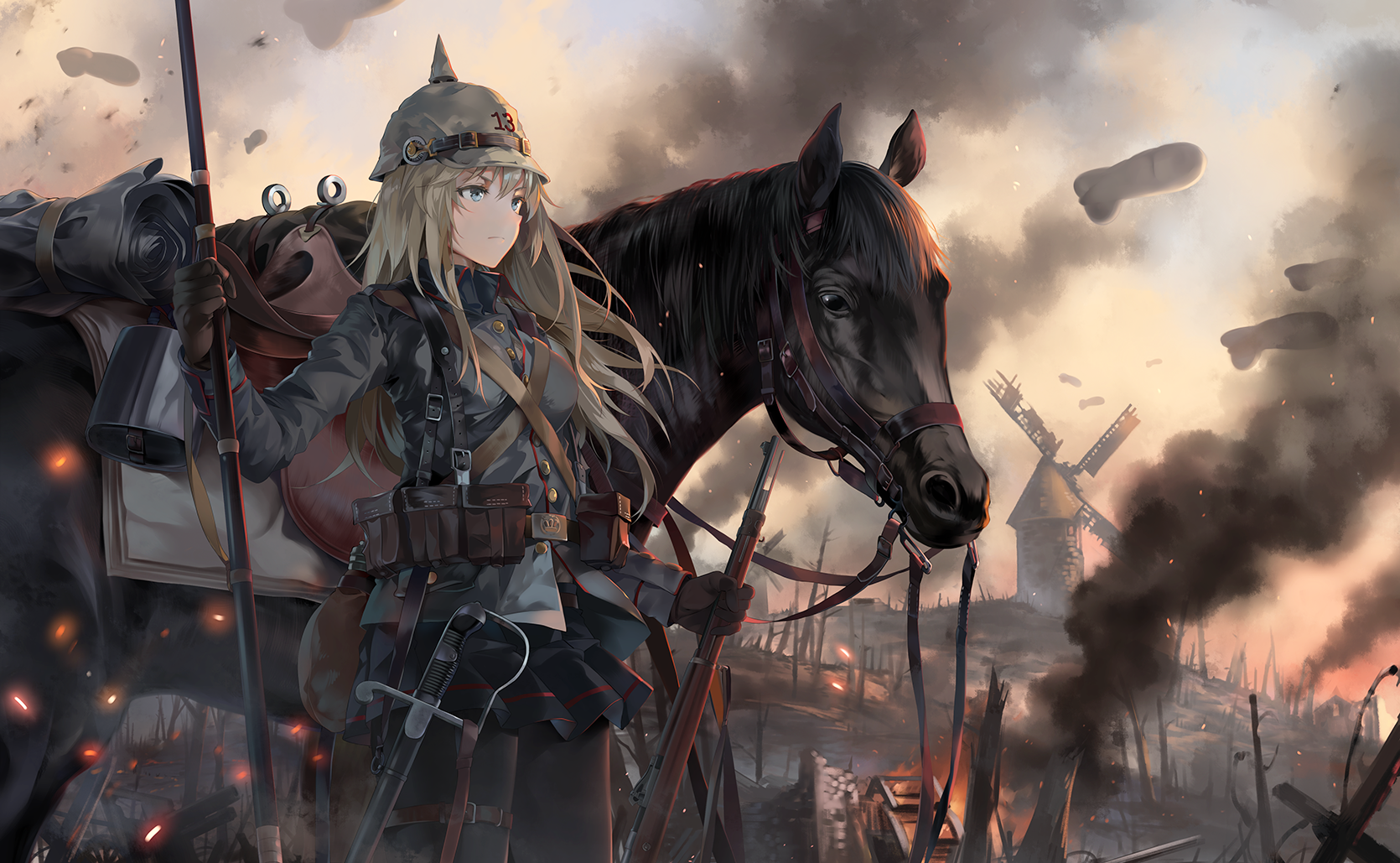 Anime Anime Girls Original Characters NEKO Yanshoujie World War Fire Smoke Destruction Horse Helmet  1670x1029