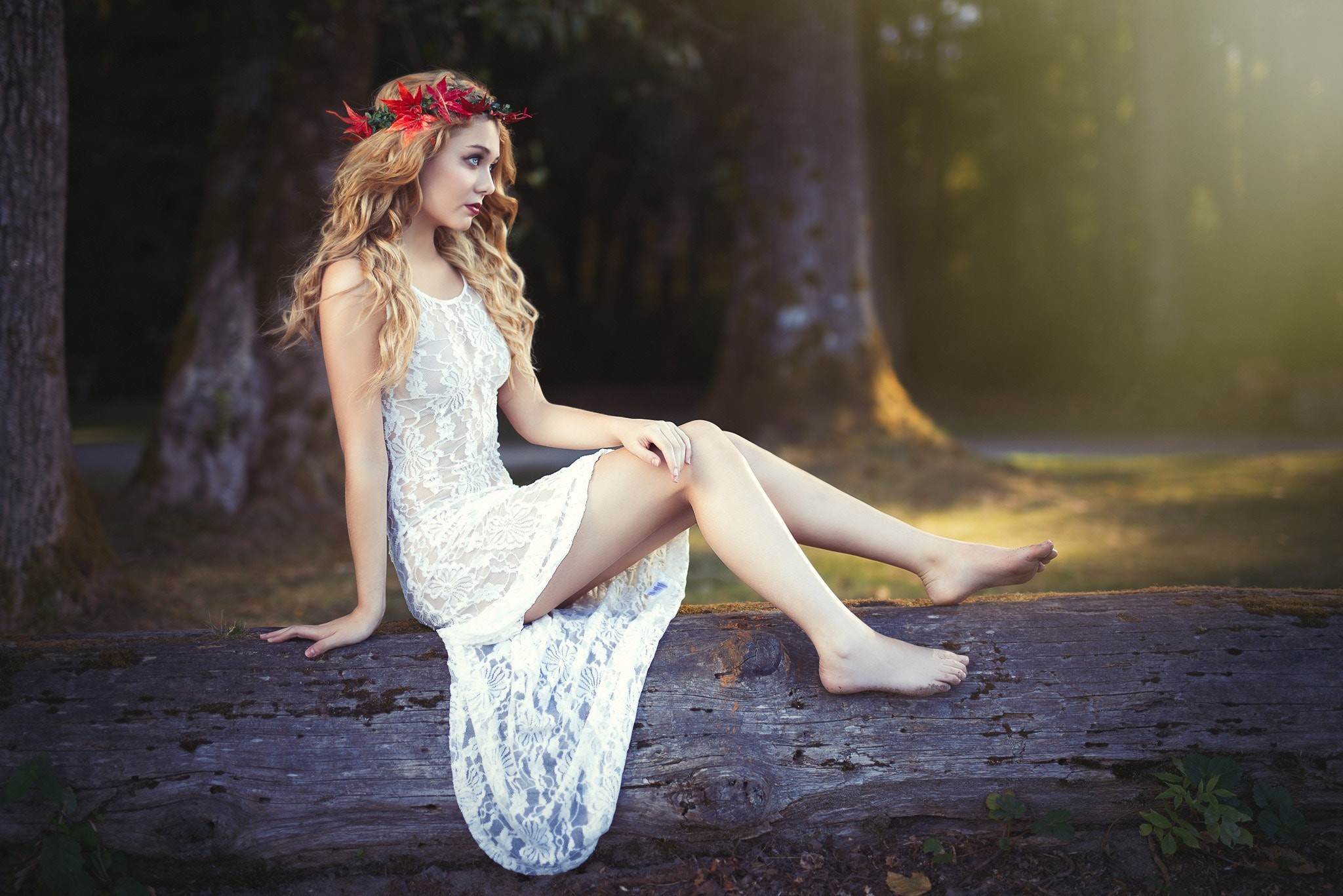 Kyle Cong Legs Trees Barefoot Long Hair Sitting Dress White Dress Women Model Women Outdoors Tiptoe 2048x1367