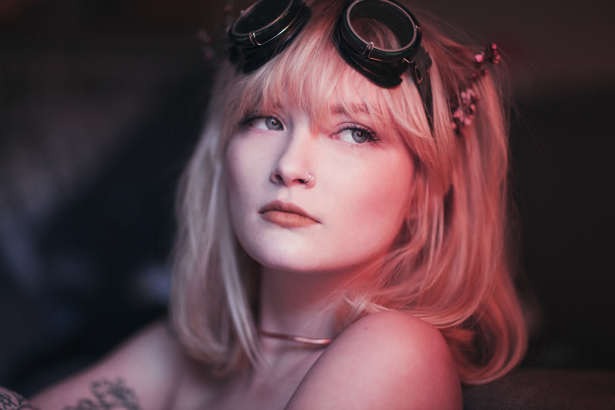 Women Ruby James Blonde Nose Rings Tattoo Looking Away Bare Shoulders Goggles Steampunk Blue Eyes 2048x1365