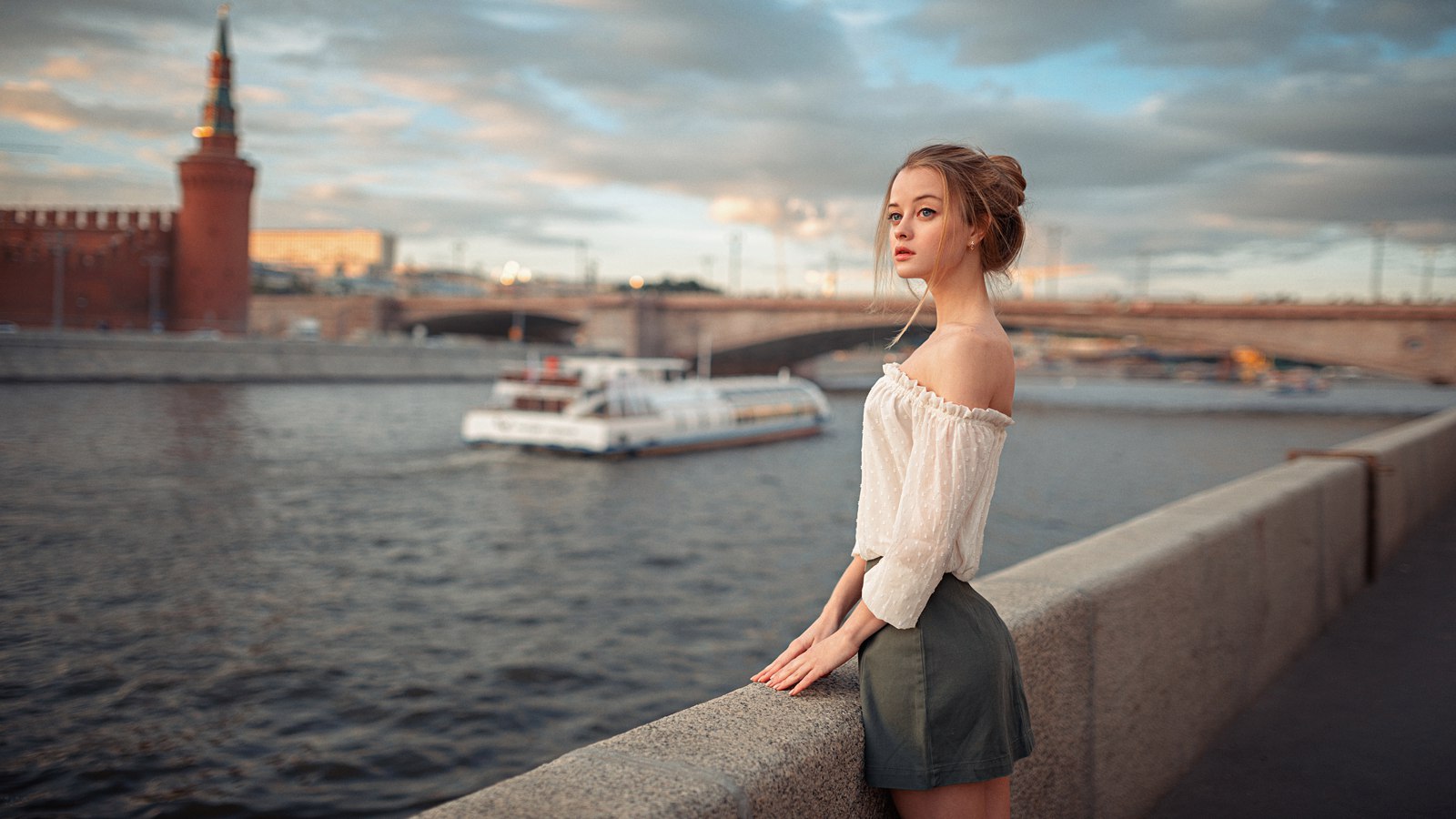 Women Blonde Face Women Outdoors Skirt Bare Shoulders Blue Eyes Hairbun Moscow Russia Portrait Russi 1600x900