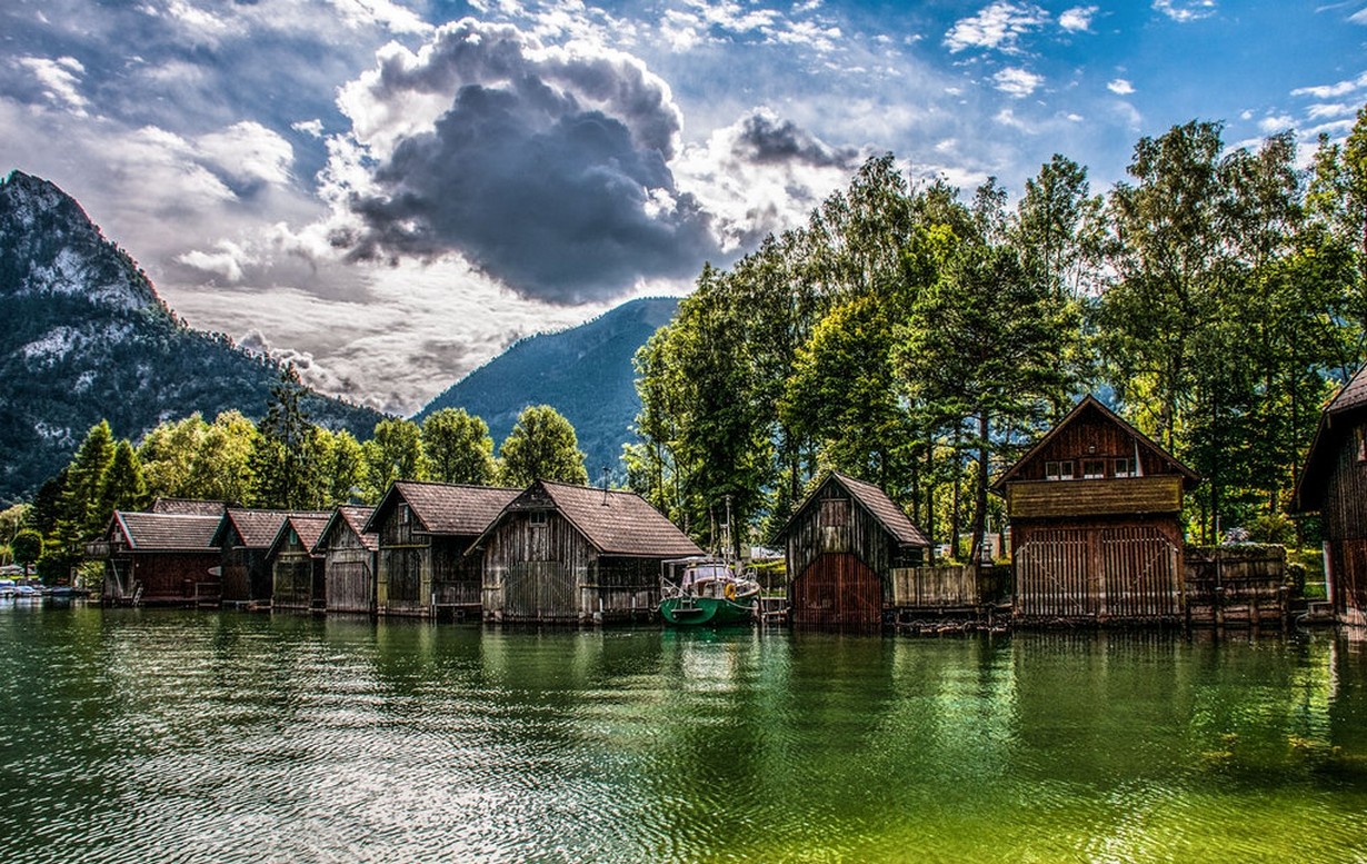 Nature Landscape Lake Mountains Boathouses Trees HDR Clouds Sunlight Austria 1230x777