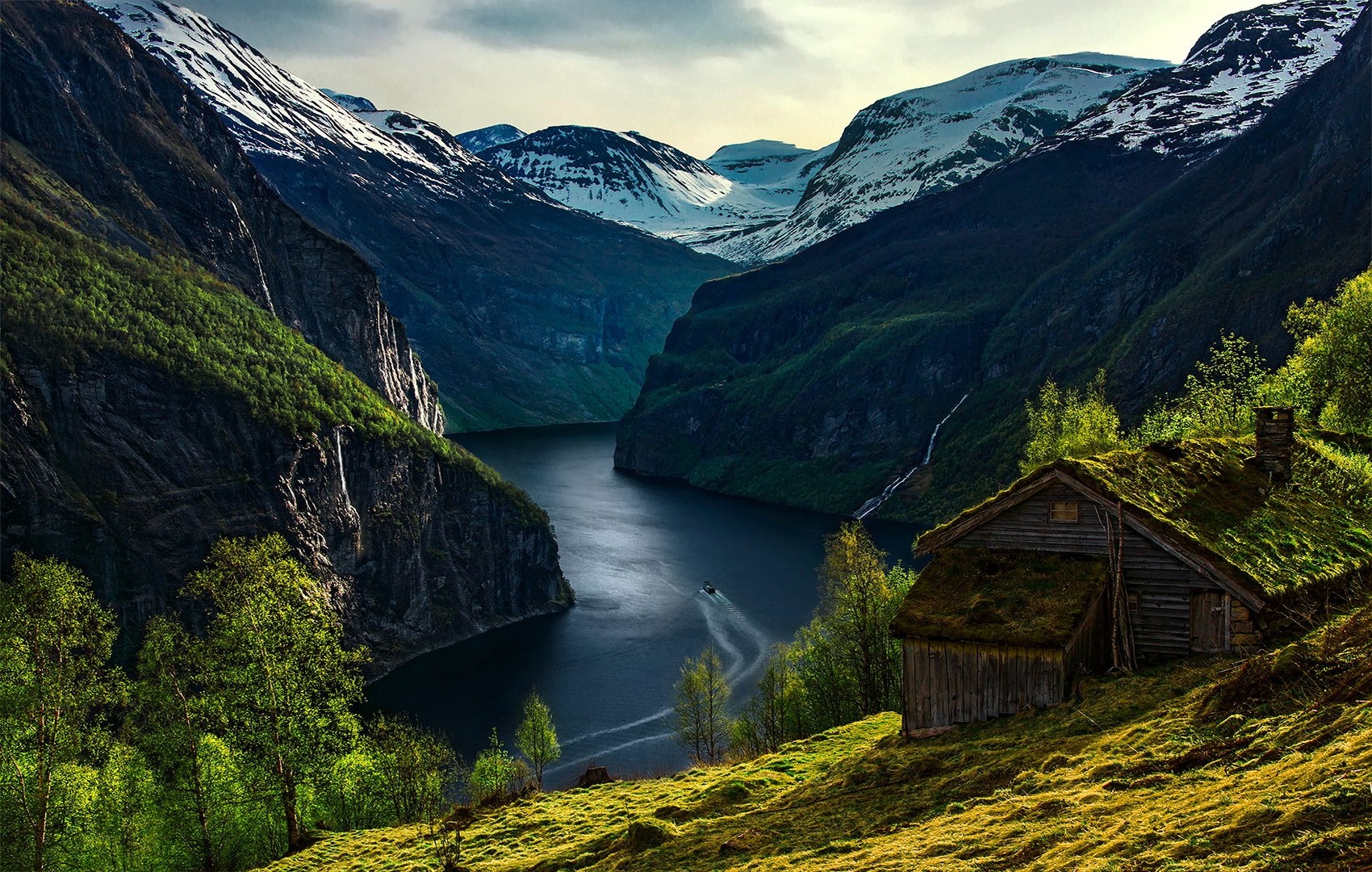 Nature Landscape Geiranger Fjord Norway Mountains Cabin Trees Morning Snowy Peak Boat Waterfall Gras 1700x1080