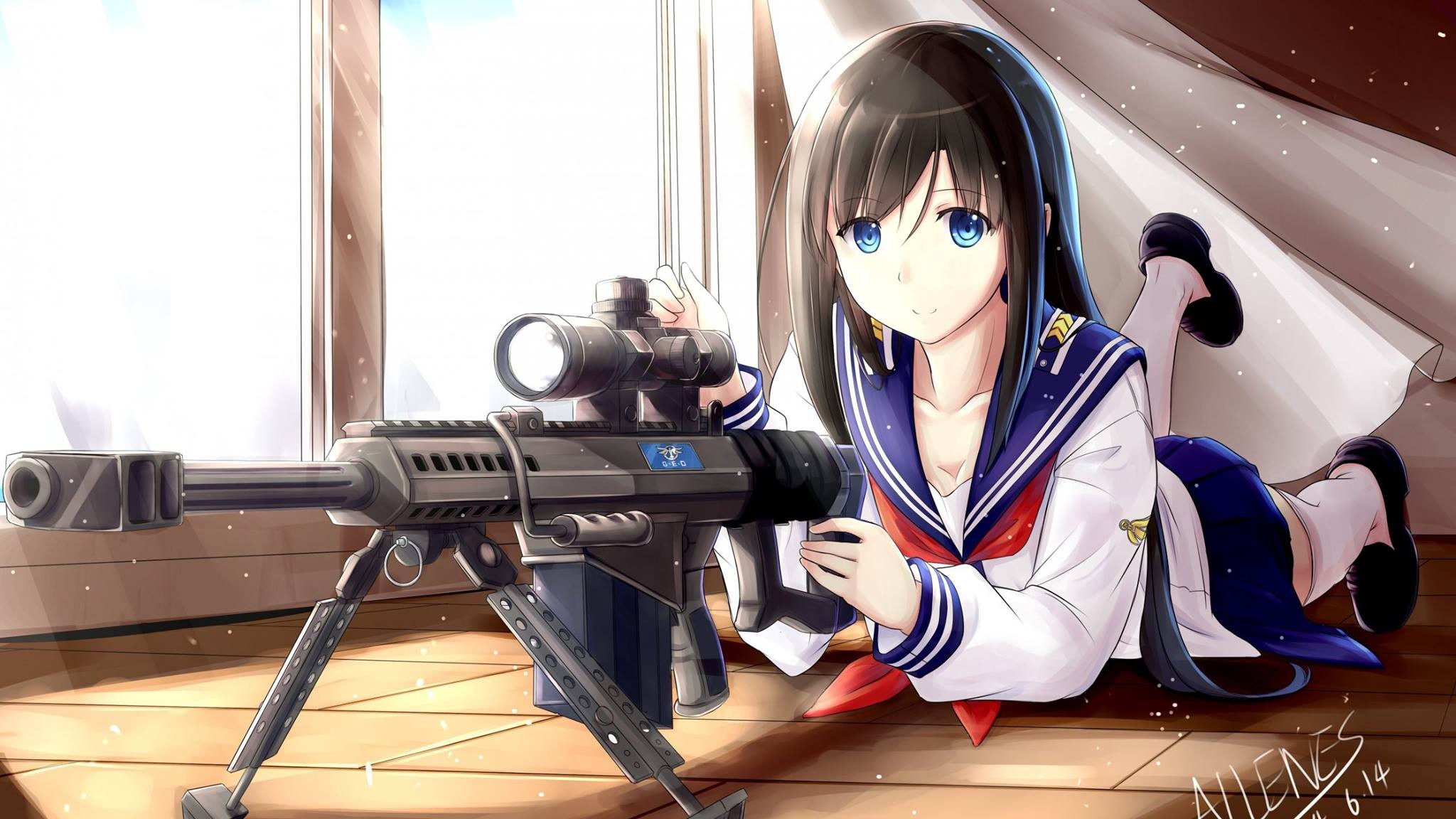 Anime Anime Girls Uniform Snipers Gun School Assassins Blue Eyes Sniper Rifle Barrett M82 Schoolgirl 2048x1152