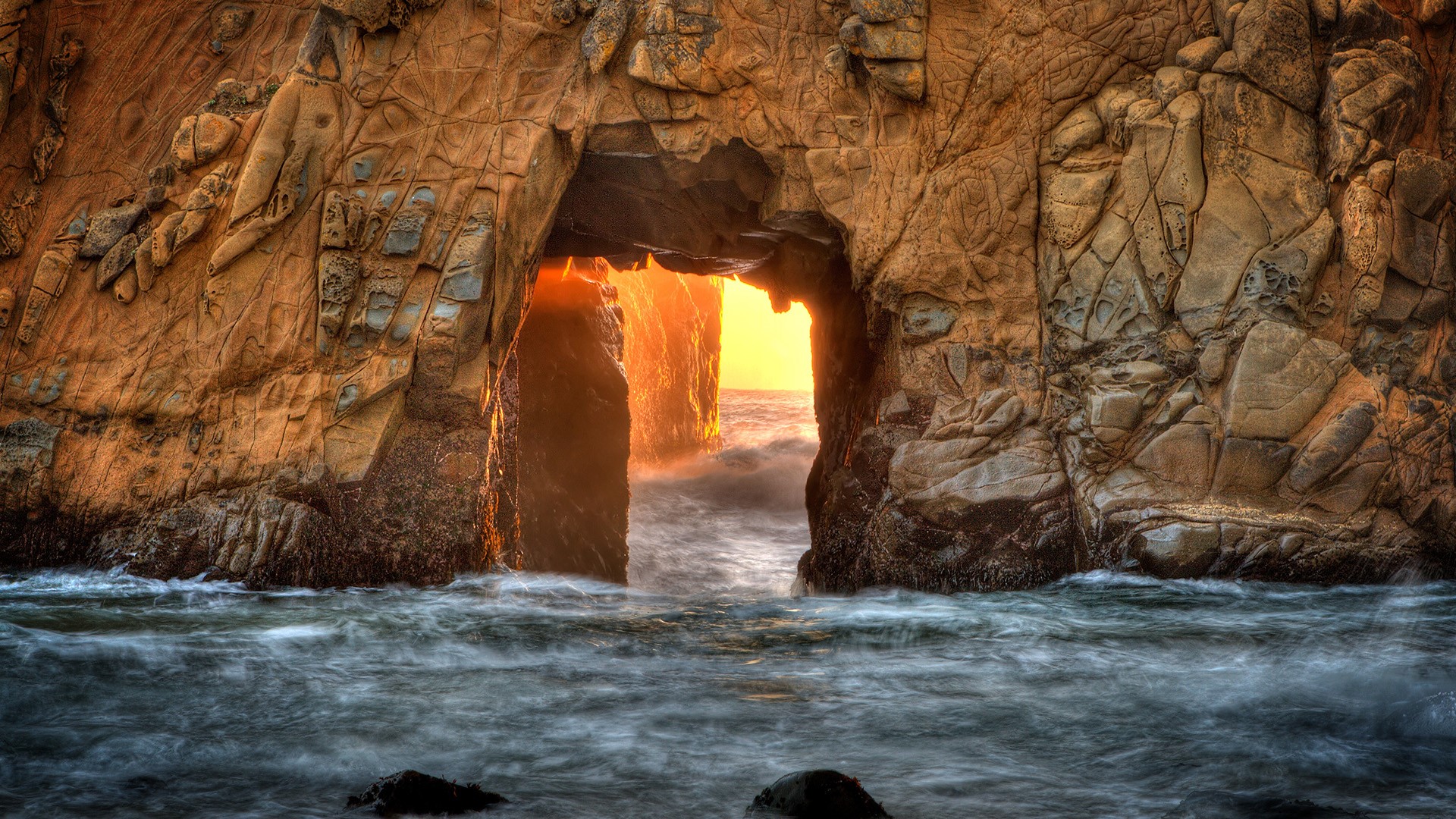 Nature Landscape Mountains Cave Sunlight Long Exposure Waves Rocks Horizon Sea Big Sur California US 1920x1080