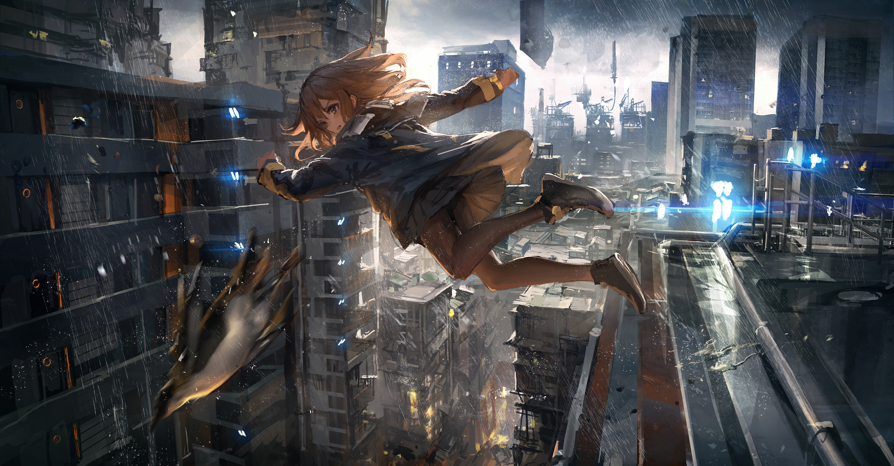 Original Characters Anime Girls Cityscape Penguins THE LM7 Jumping Skirt Raincoat Raindrop Storm 3000x1565