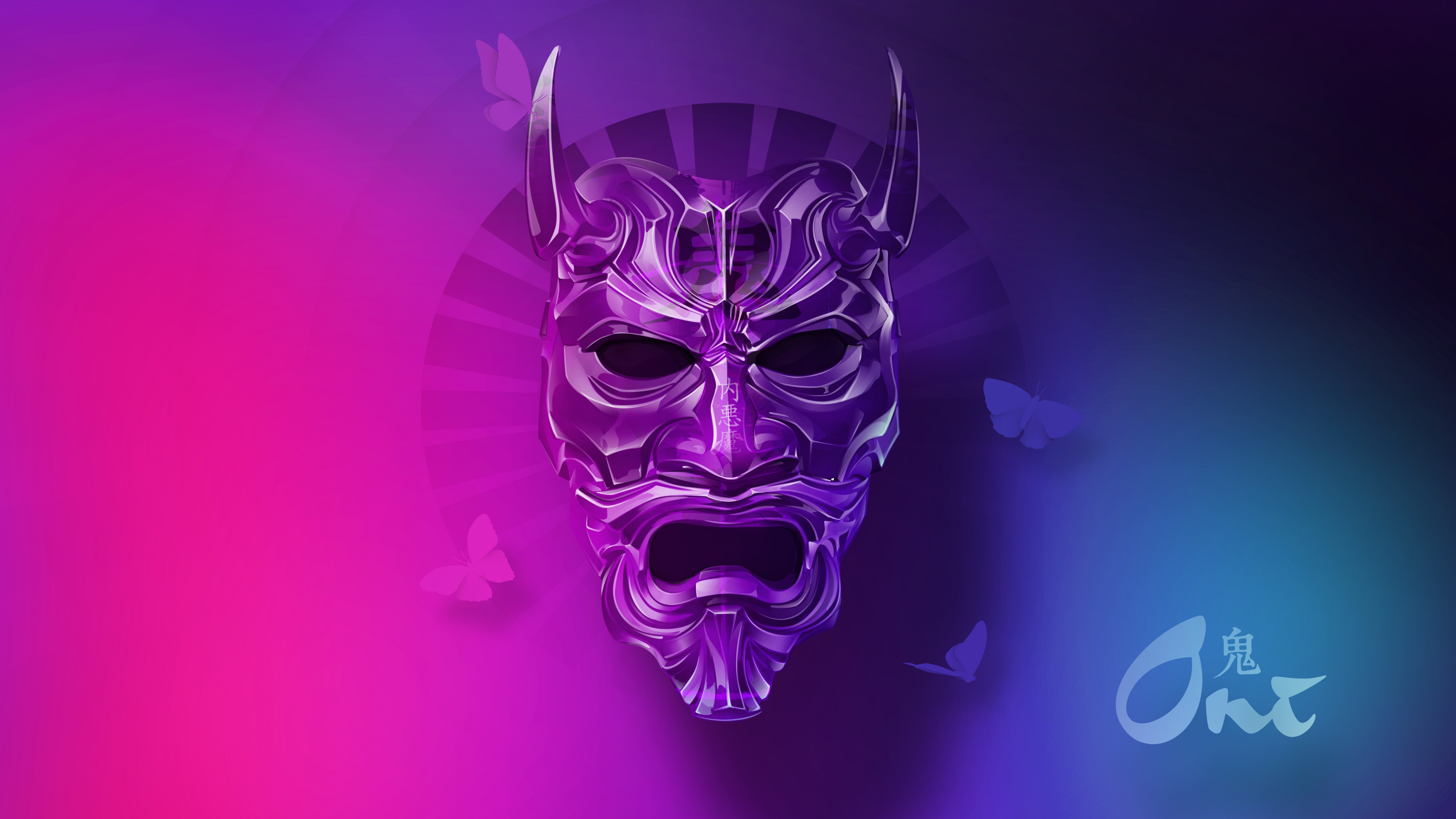 Oni Mask Japan Mask Fantasy Art Digital Art Gradient Pink Purple 5120x2880