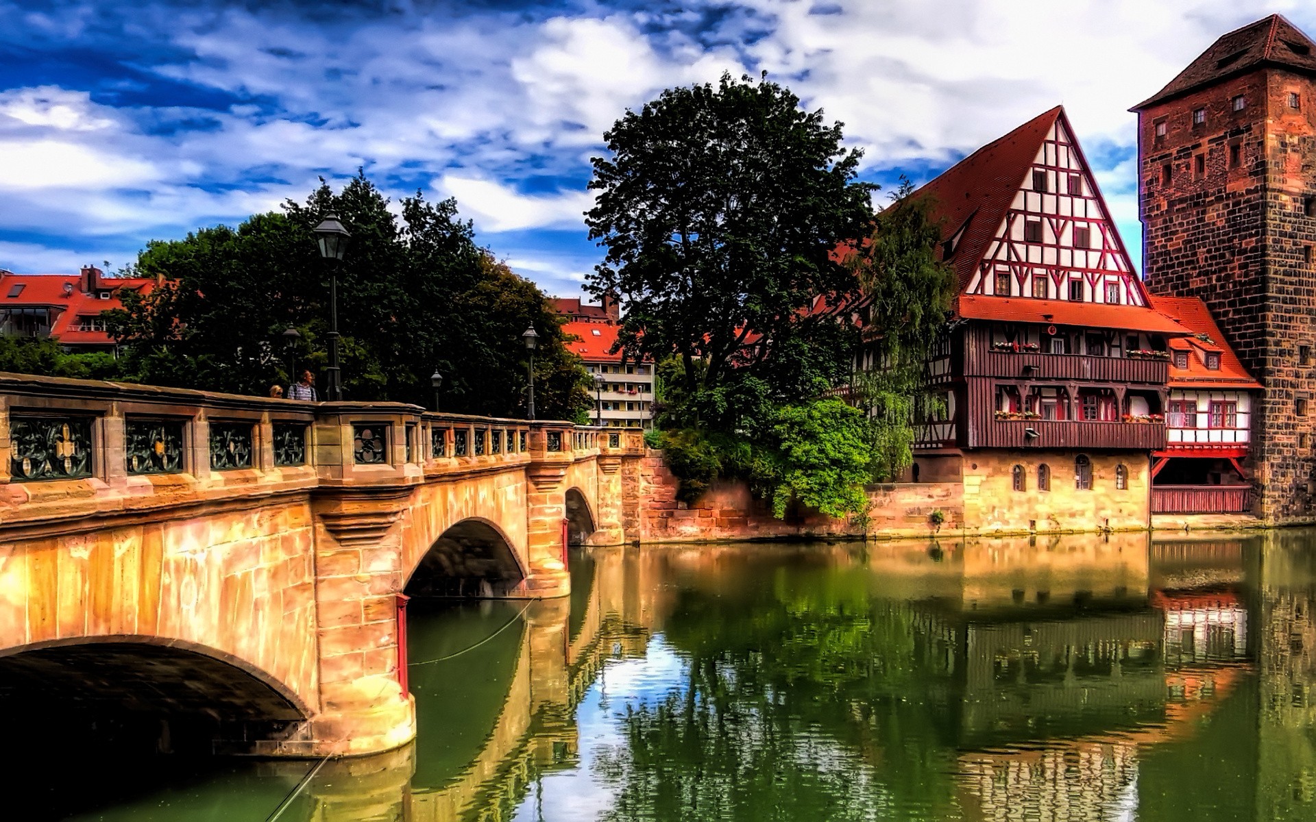 Architecture House Town Old Old Building Old Bridge River Trees Clouds Bricks Water Reflection Tower 1920x1200