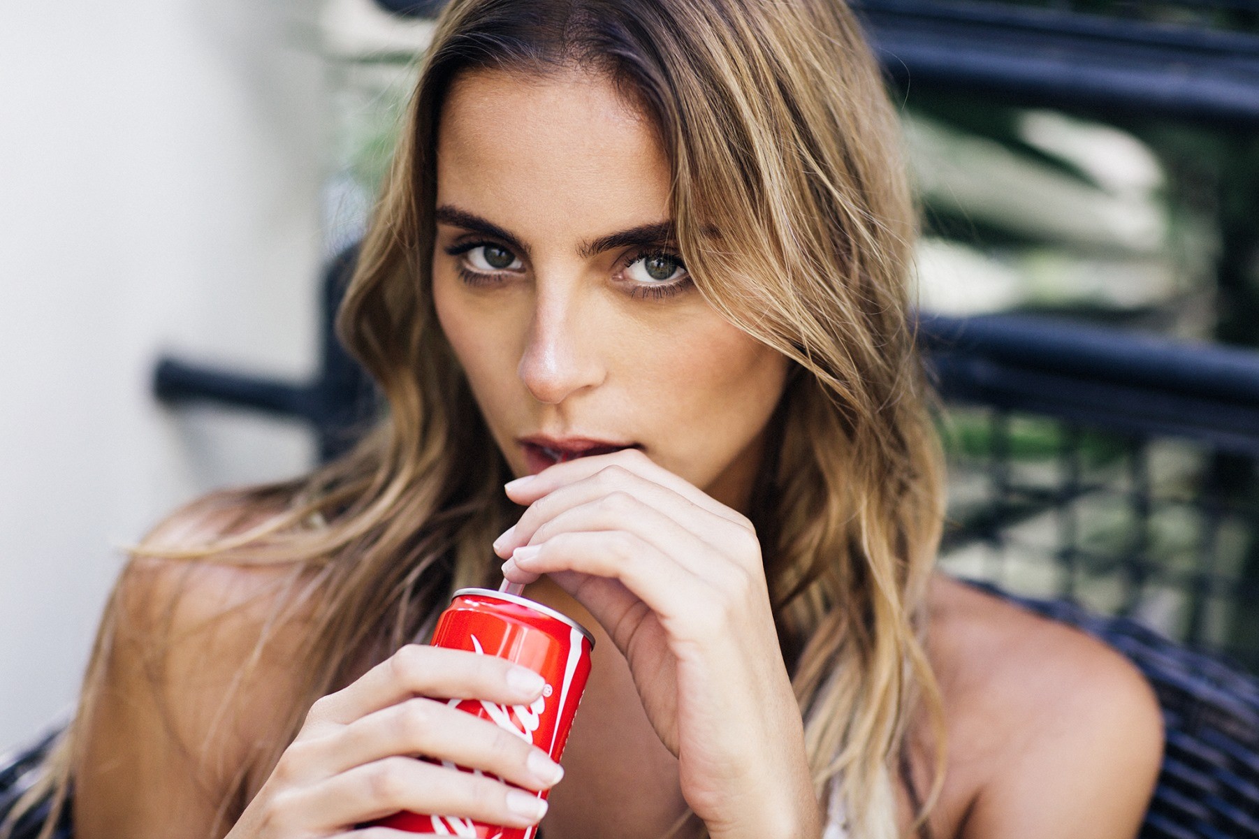 Women Model Brunette Drink Straw Looking At Viewer Face Bare Shoulders Coca Cola 1802x1201