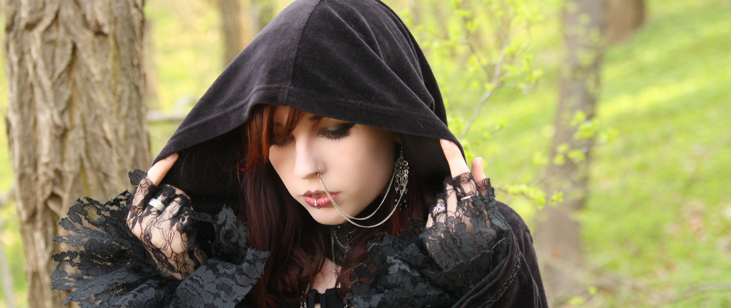 Gothic Piercing Women Hoods Redhead Eyeliner Black Clothing Nose Ring Pierced Lip Fair Skin 2560x1080