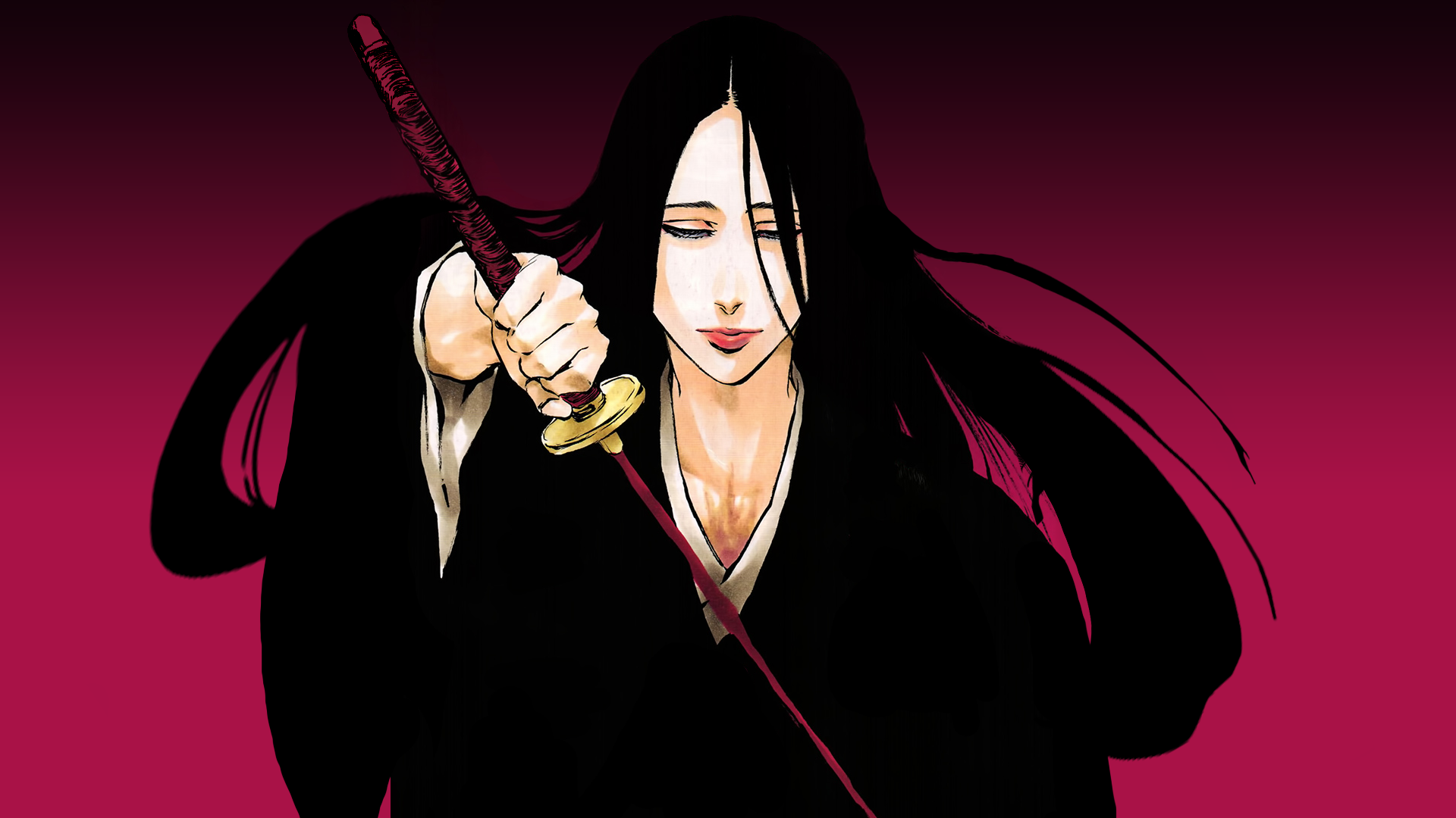 Bleach Anime Anime Girls Fantasy Girl Sword Dark Hair Simple Background Red Background Long Hair Wea 1920x1080