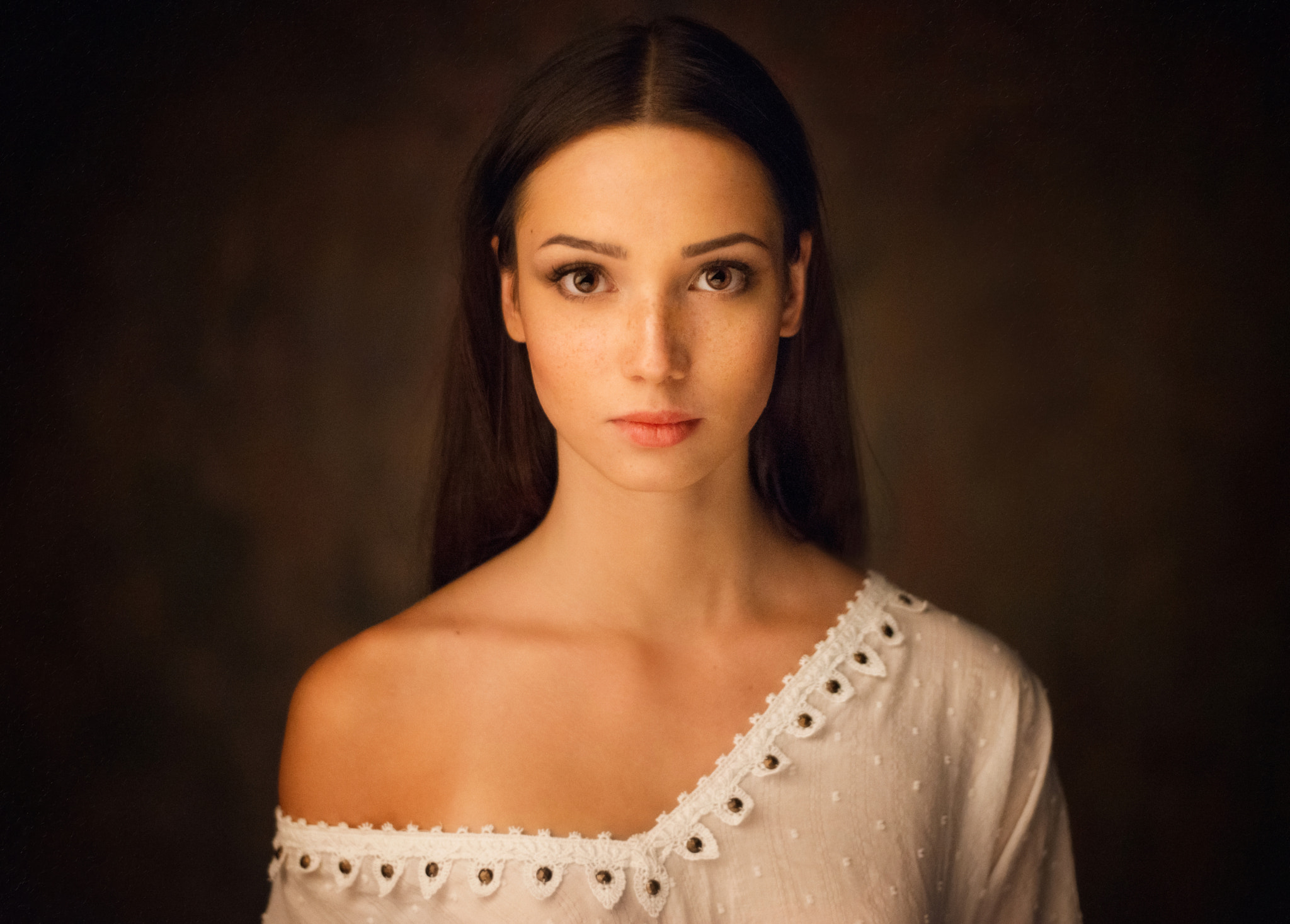 Women Mariya Volokh Portrait Maxim Maximov Brown Eyes Brunette Freckles White Clothing 2048x1467