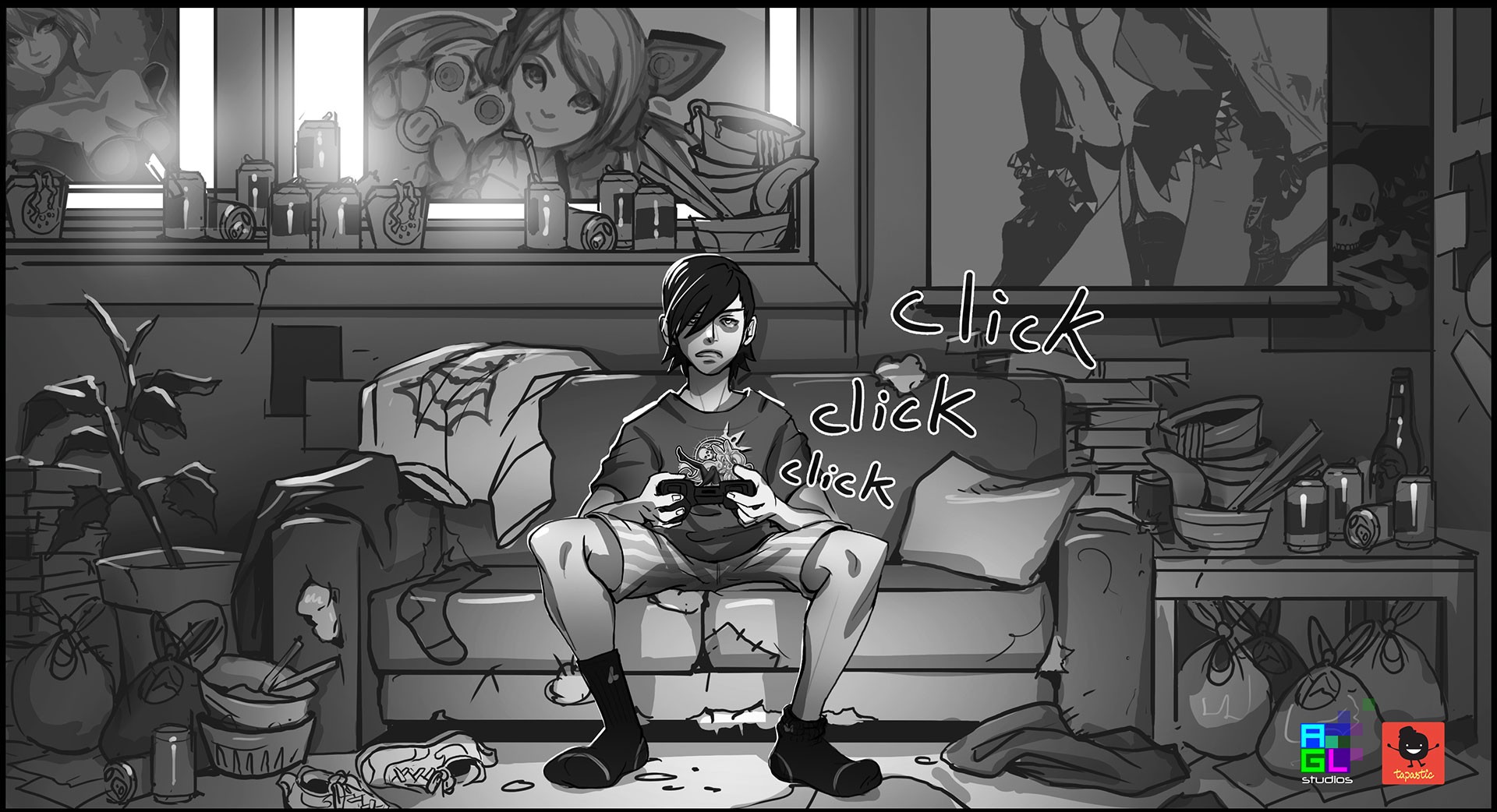 Artwork Monochrome Anime Boys Gamer Anime Indoors In Sofa Couch Room 1920x1042