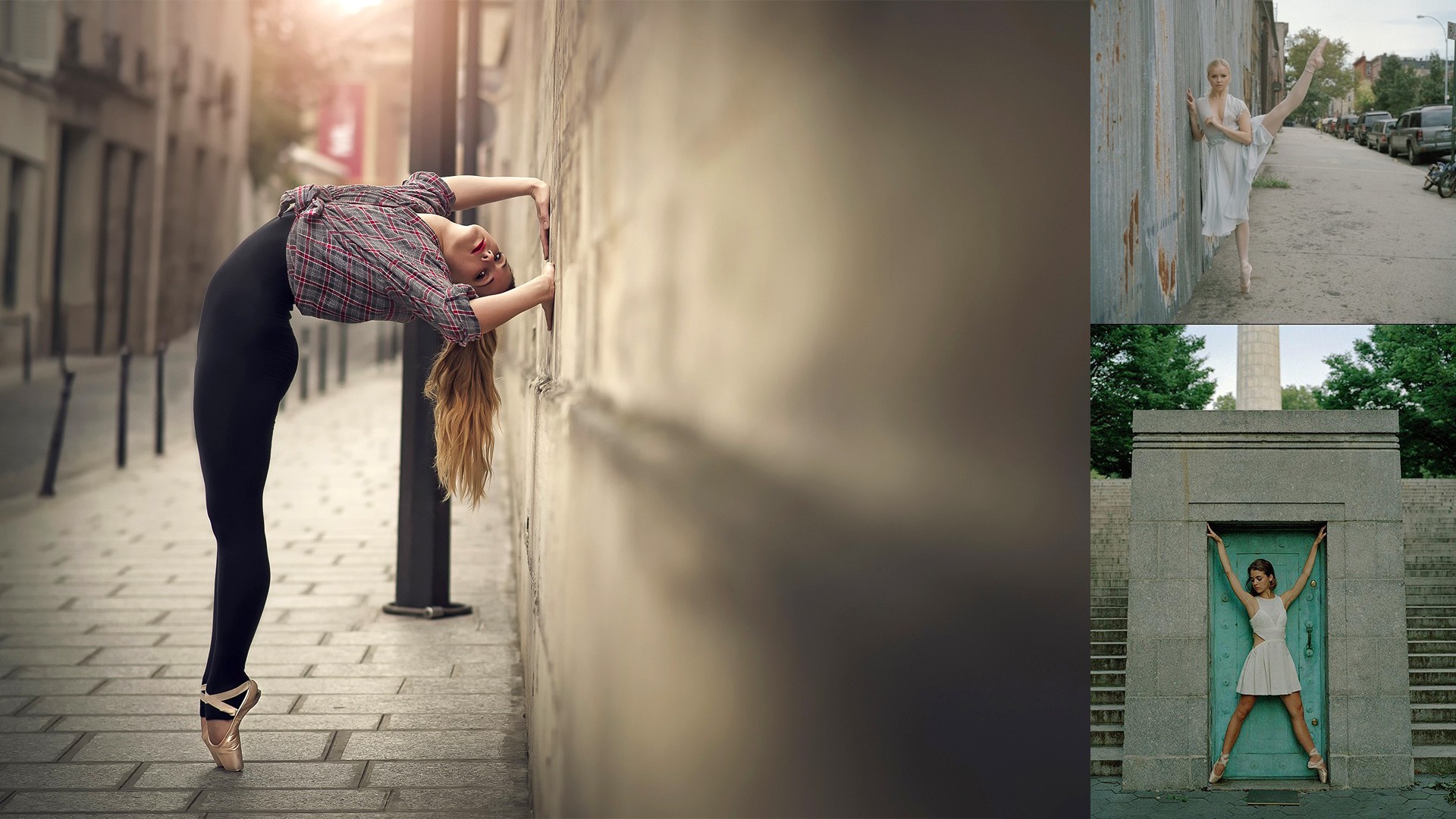 Urban Ballerina Stretching Women Outdoors Collage Blonde Ballet Slippers 1920x1080