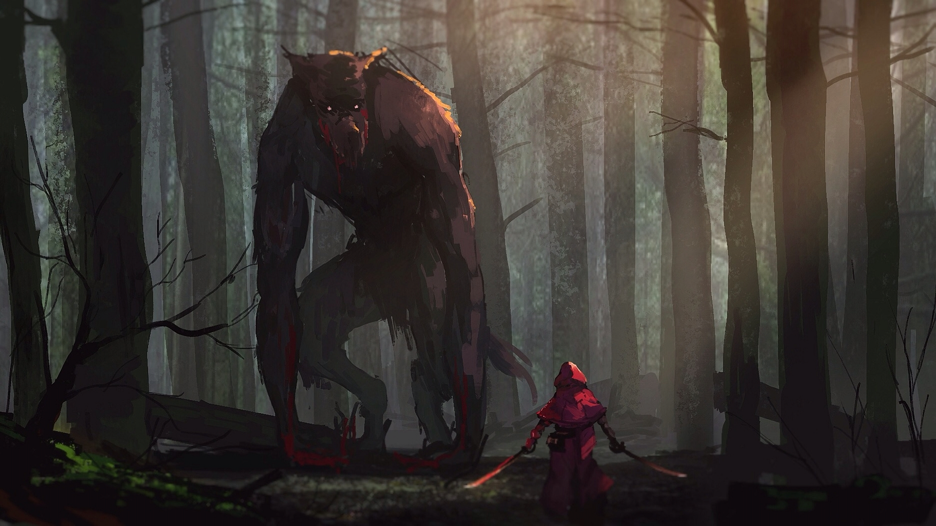 Werewolves Sword Little Red Riding Hood Wood Hoods Trees Weapon Fairy Tale 1920x1080